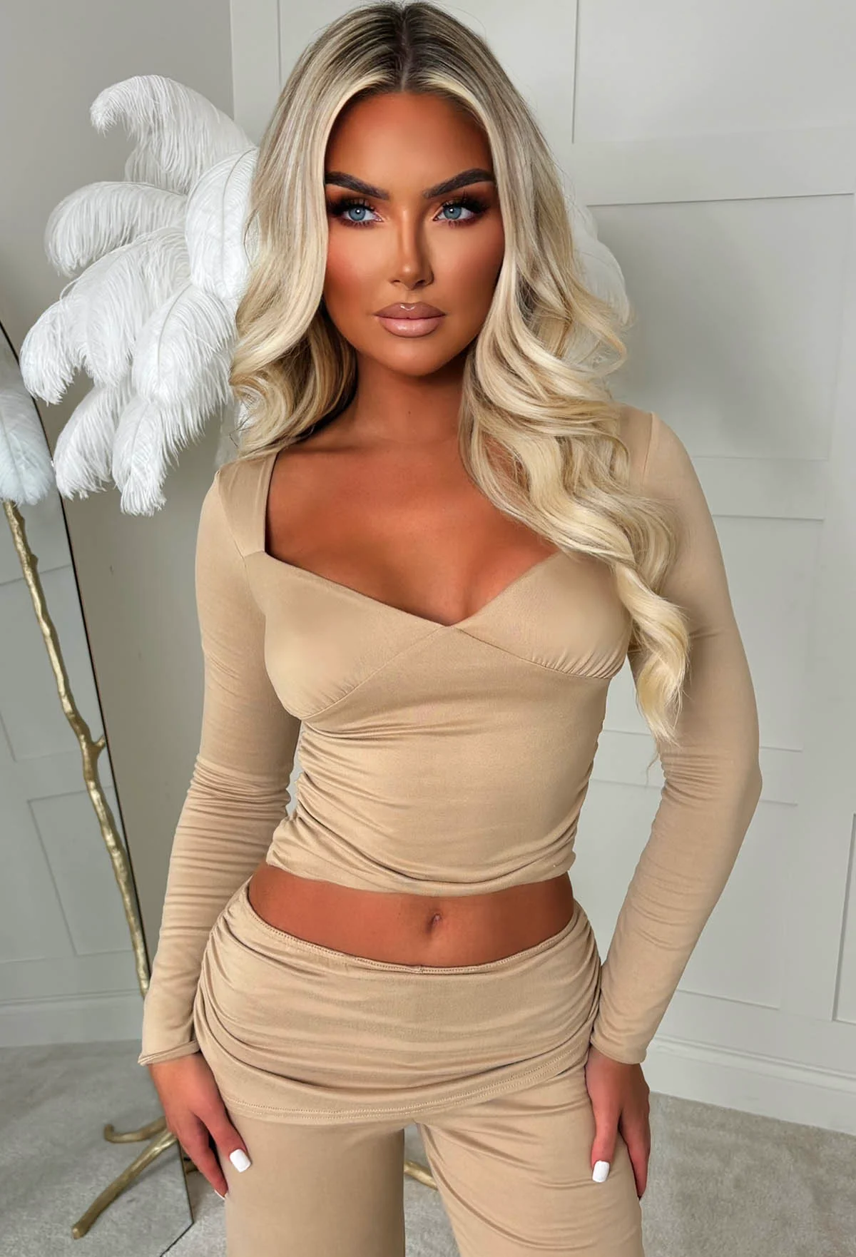 Casually Luxe Beige Ruched Long Sleeve Top & Trousers Set - Image 3