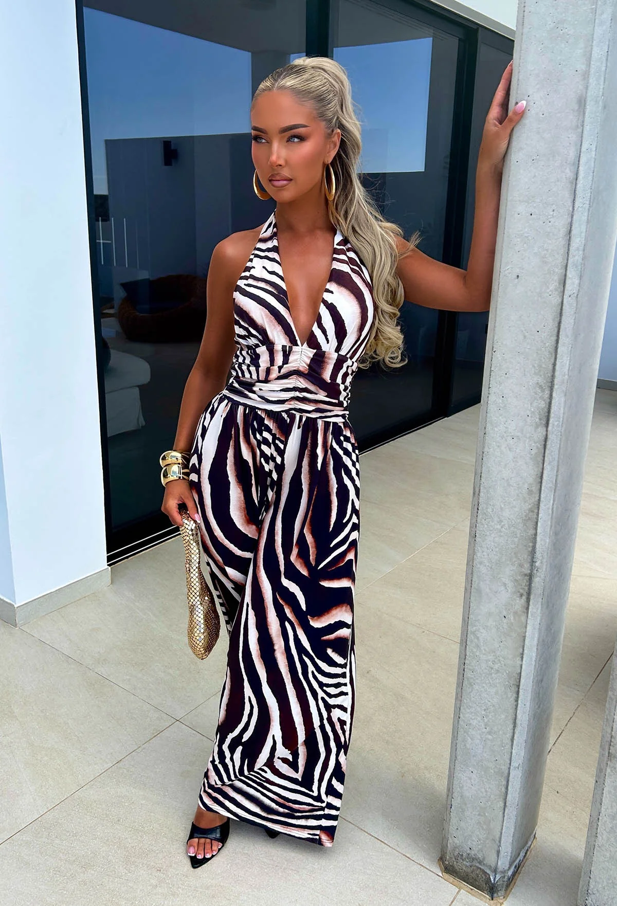 Catwalk Energy Brown Animal Print Halter Jumpsuit - Image 2