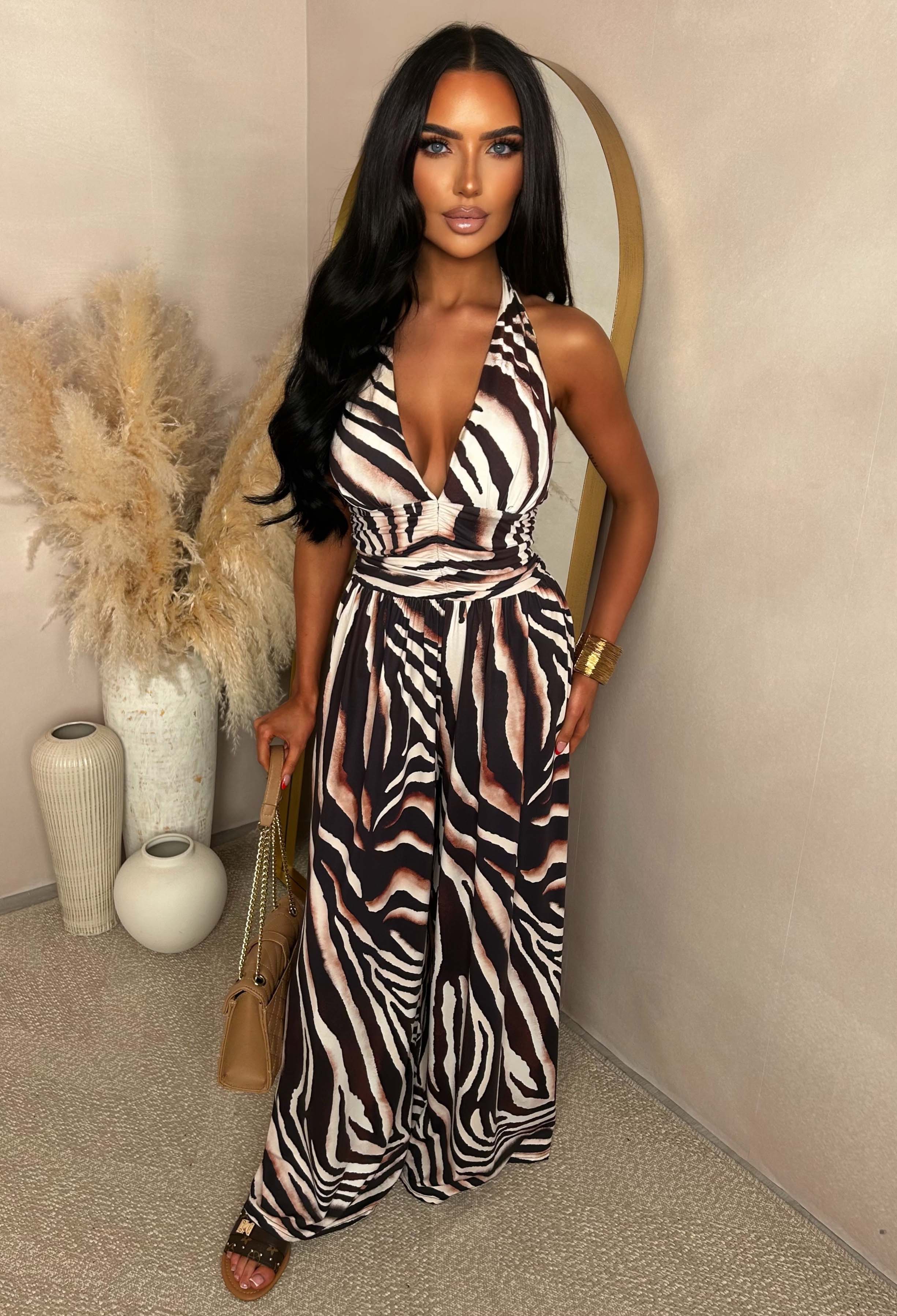 Catwalk Energy Brown Animal Print Halter Jumpsuit - Image 4