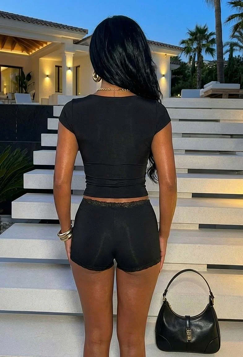 Caught Your Eye Black Mesh Lace Trim Hot Pants - Image 2