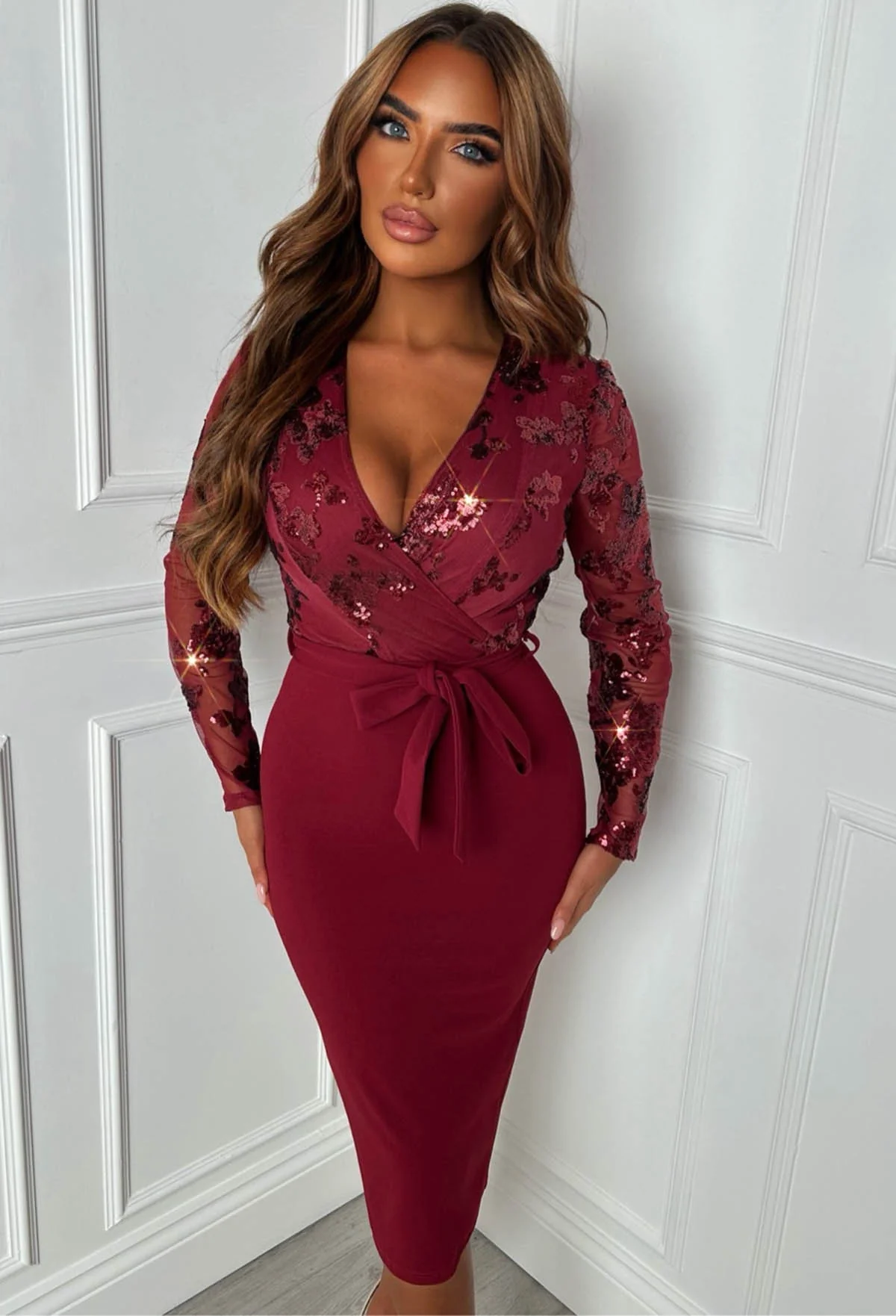 Celebrity Scandal Red Sequin Long Sleeve Midi Dress - Image 3