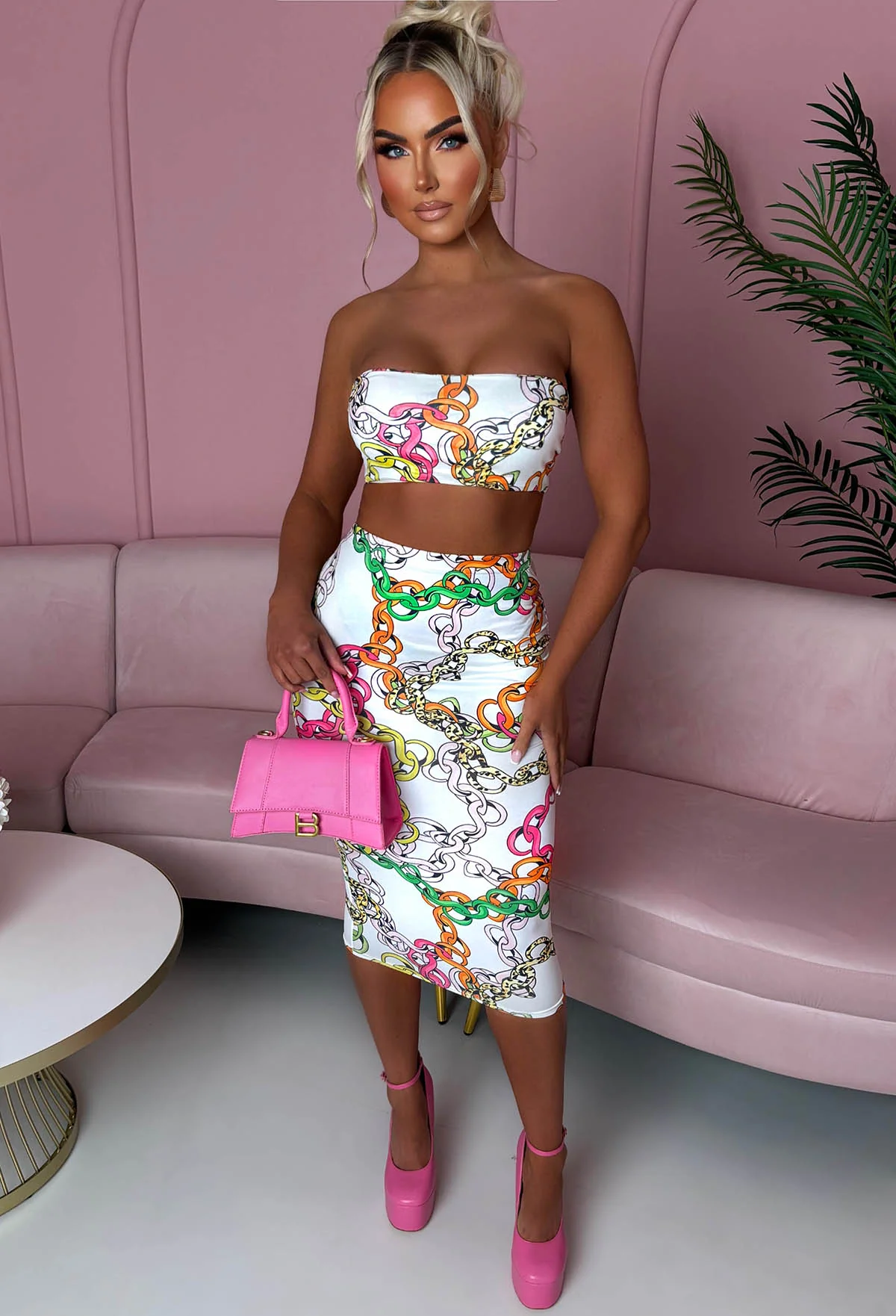 Chained To Paradise White Chain Printed Bandeau Co-ord Set - Image 2