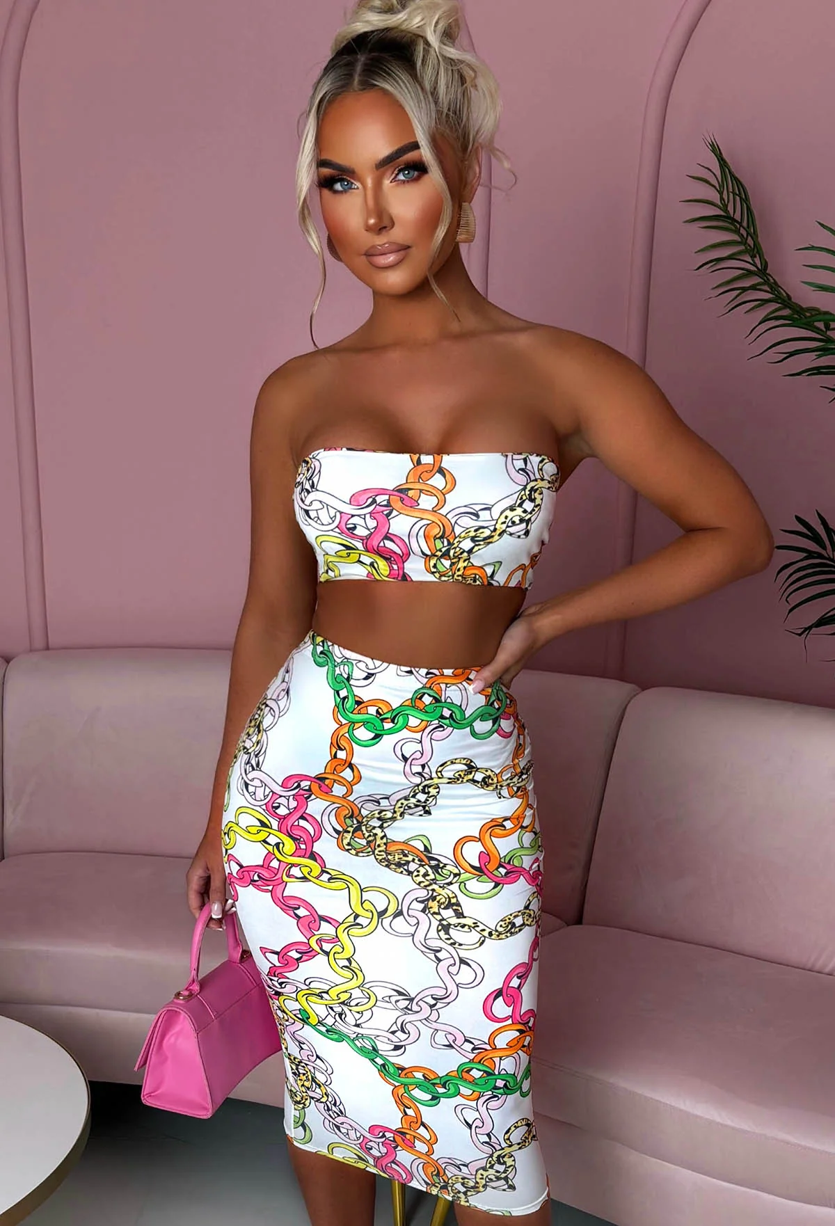 Chained To Paradise White Chain Printed Bandeau Co-ord Set - Image 4