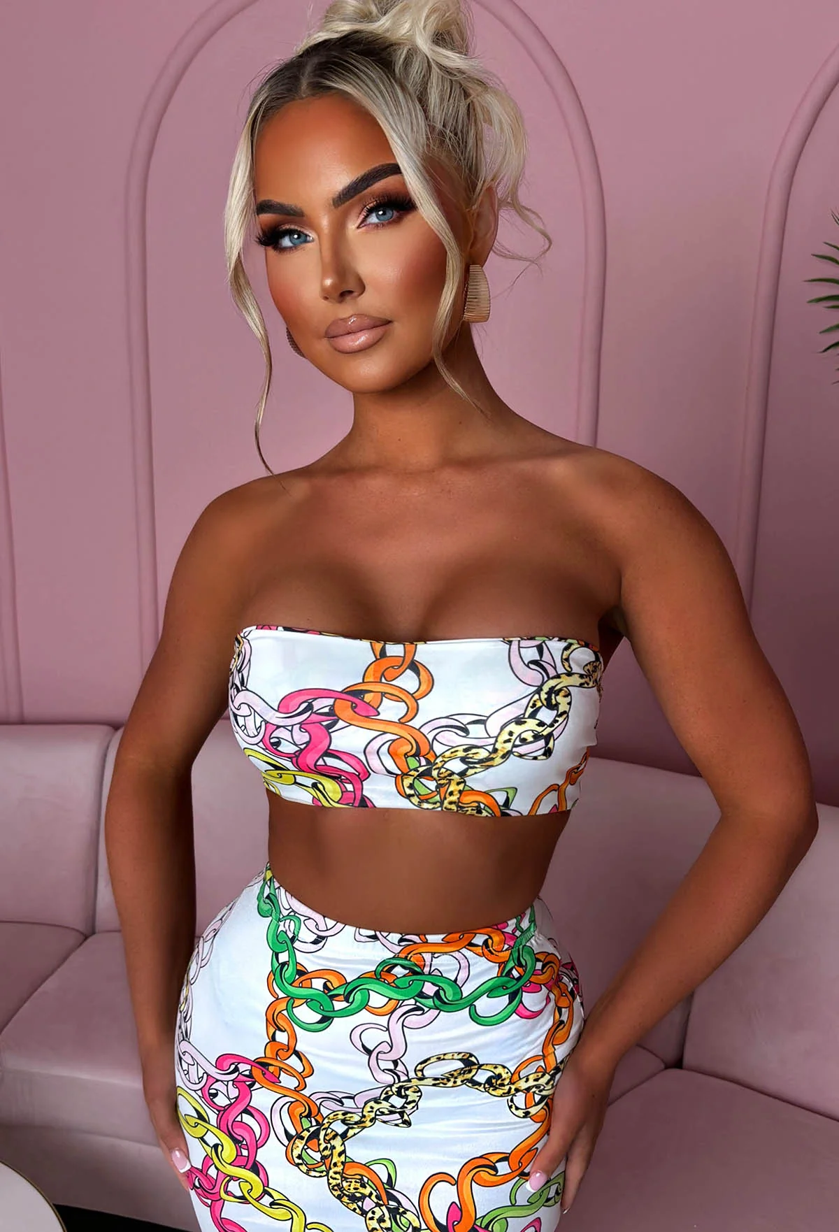 Chained To Paradise White Chain Printed Bandeau Co-ord Set - Image 5