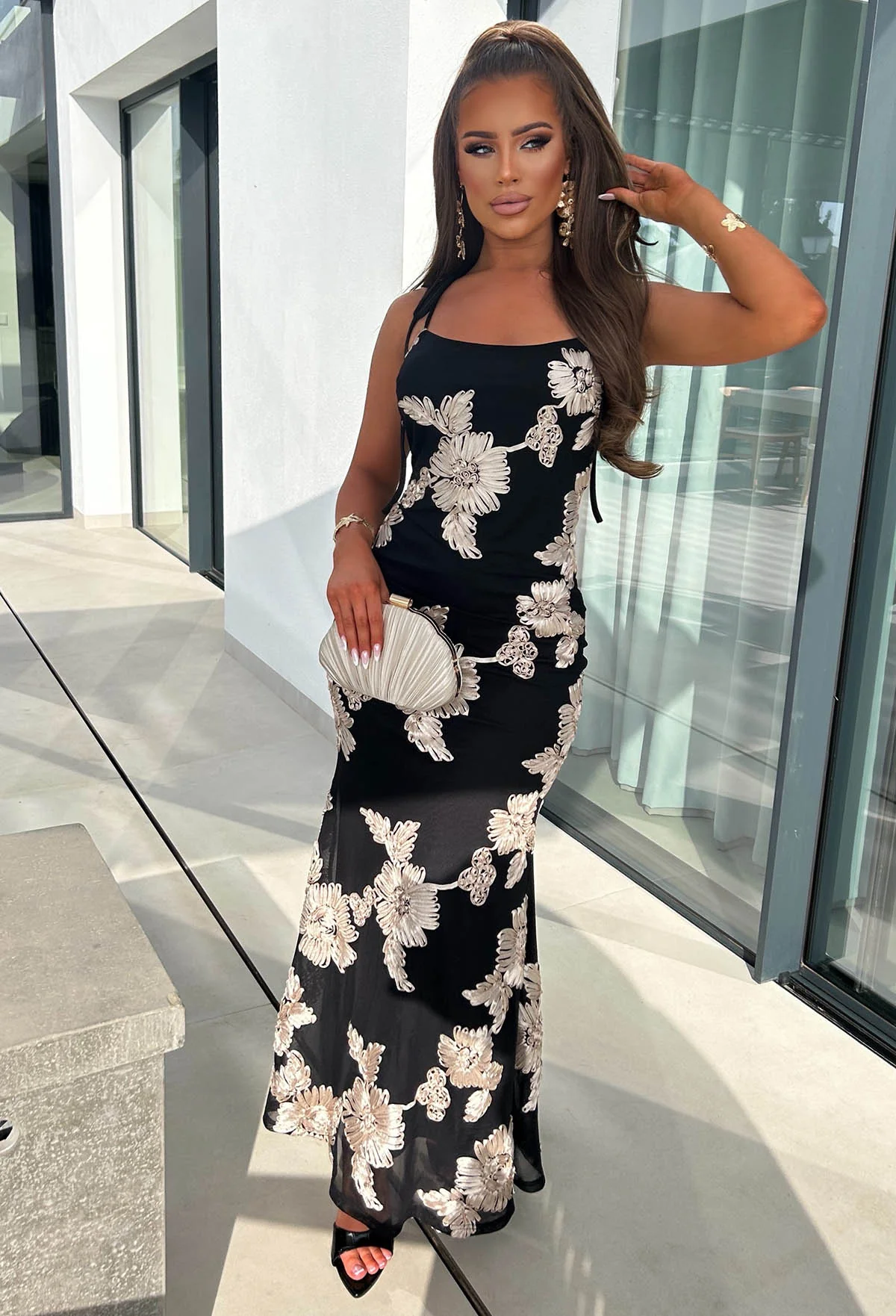 Champagne & Sunsets Black Ribbon Flower Maxi Dress - Image 5