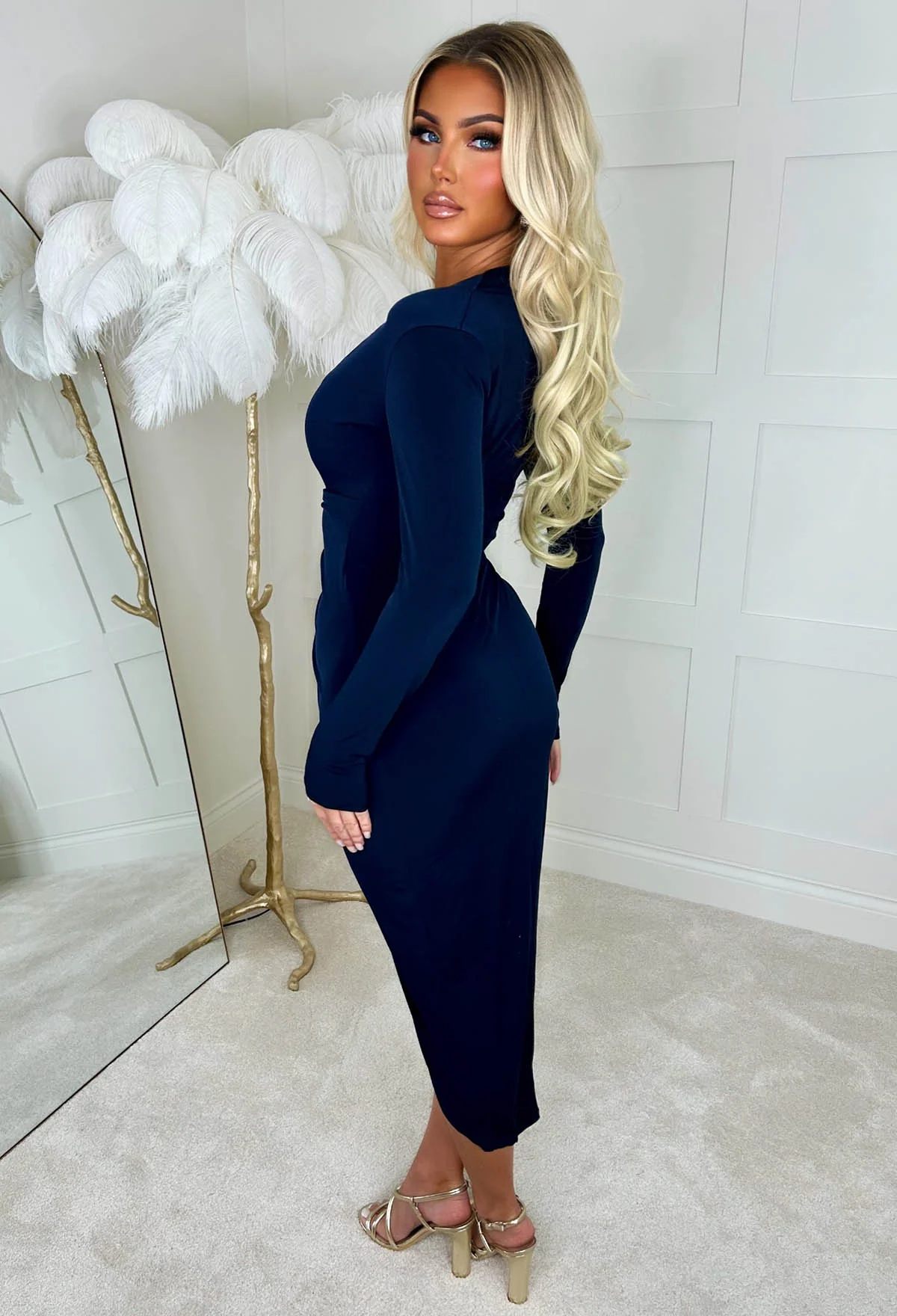 Chasing Romance Navy Long Sleeve Ruched Midi Dress - Image 2