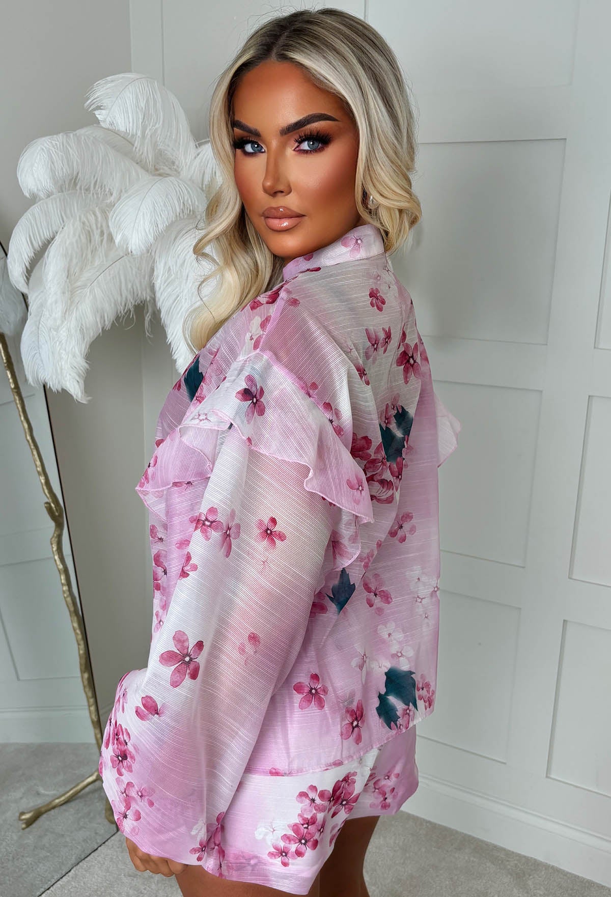 Chaya Pink Floral Pussybow Blouse & Short Co-Ord - Image 2