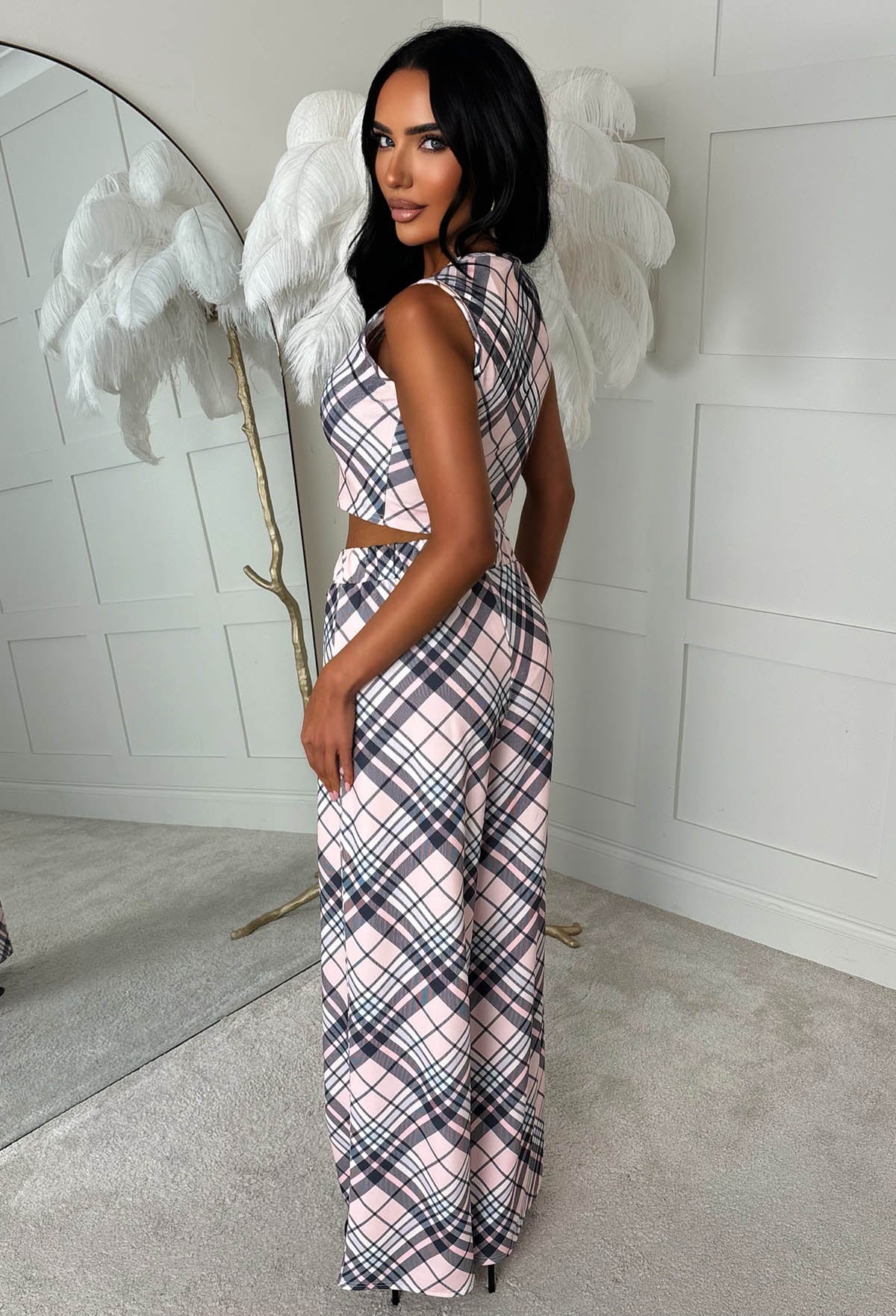 Chelsea Glam Light Pink Check Print Top & Trouser Co-Ord Set - Image 2