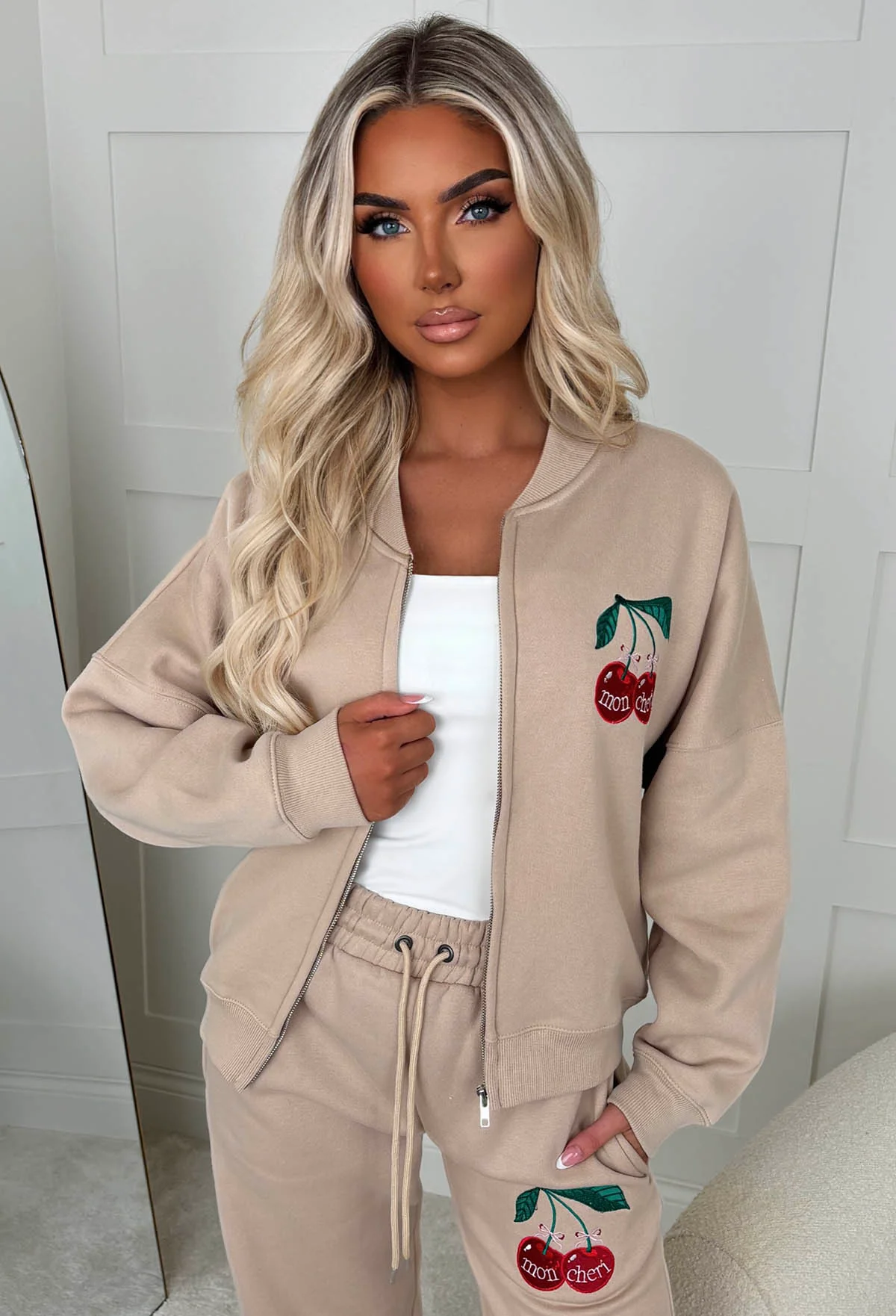 Cherie Beige Cherry Embroidered Loungewear Set - Image 4