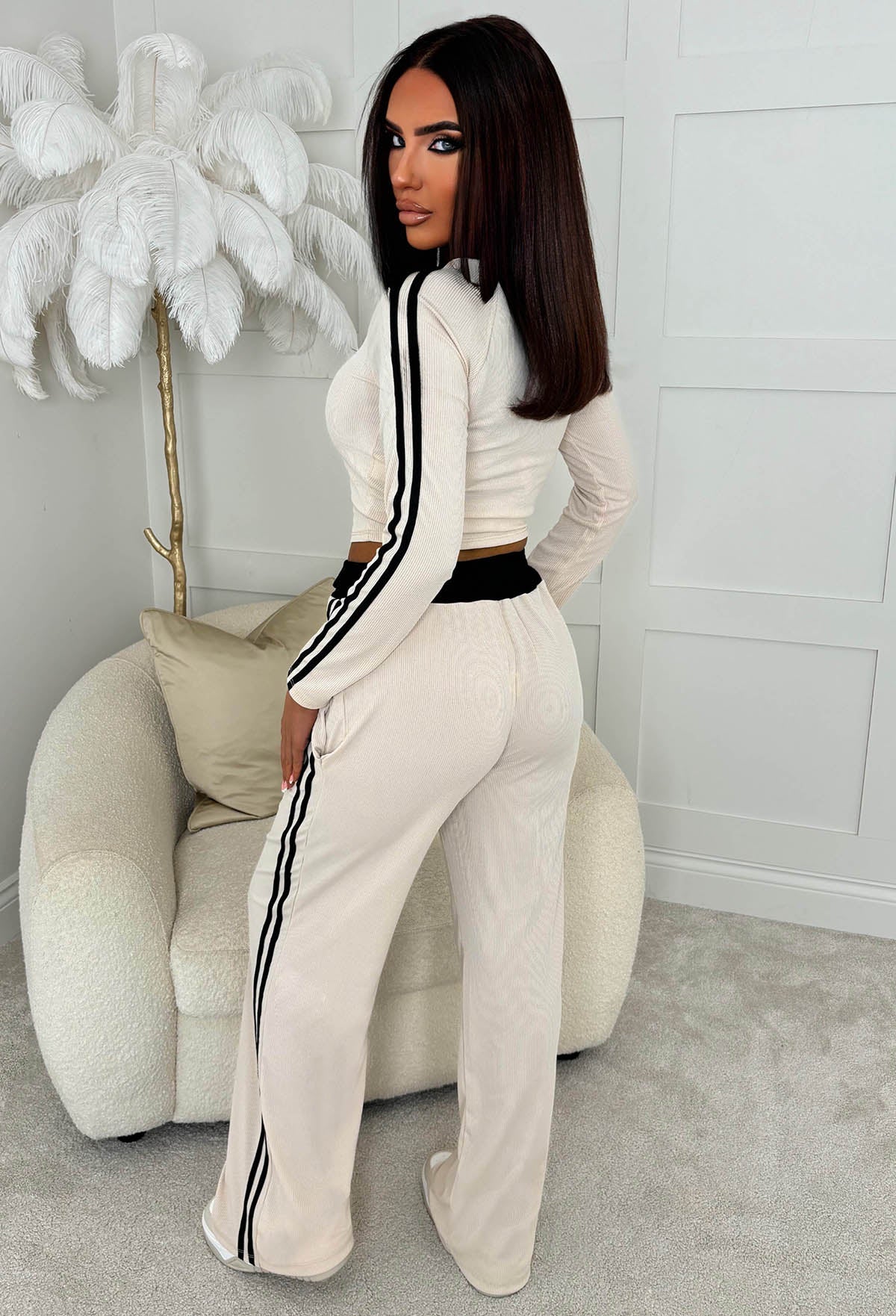 Chic And Cosy Stone Black Side Stripe Loungewear Set - Image 2