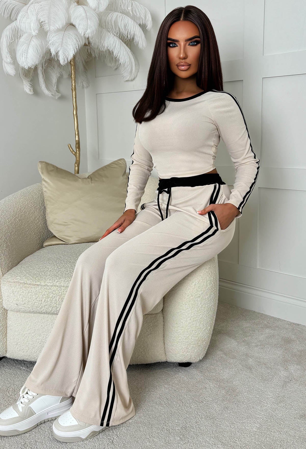 Chic And Cosy Stone Black Side Stripe Loungewear Set - Image 4