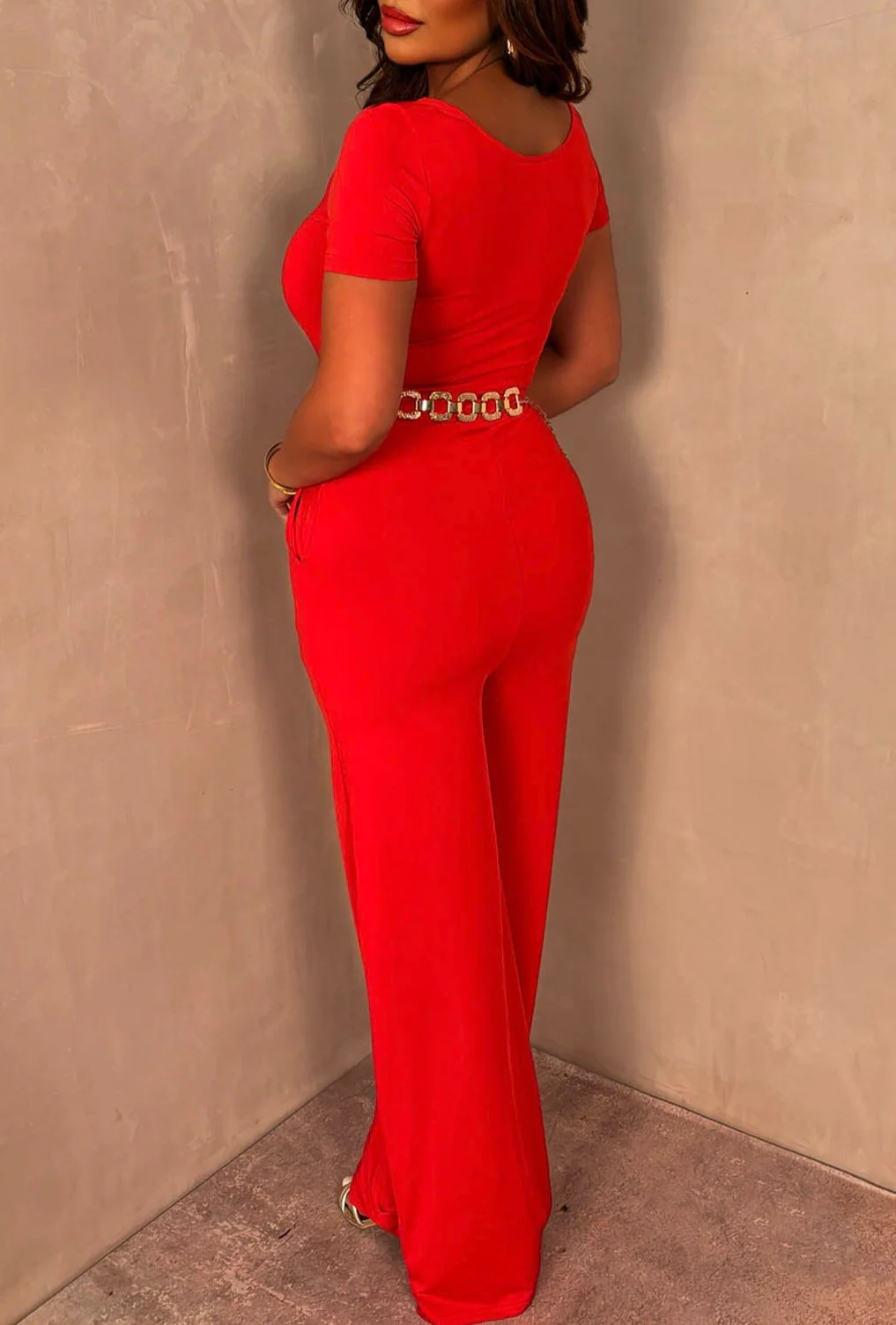 Chic Babe Red Square Neck Short Sleeve Wide Leg Jumpsuit - Image 2