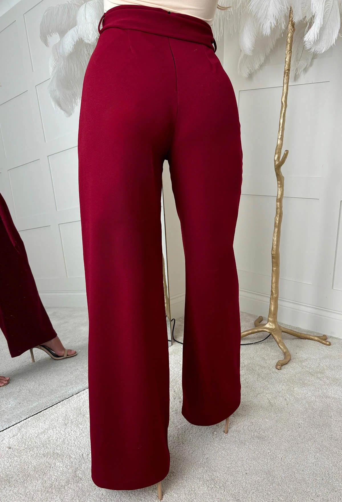 Chic Couture Burgundy Belted Wide Leg Trousers - Image 2