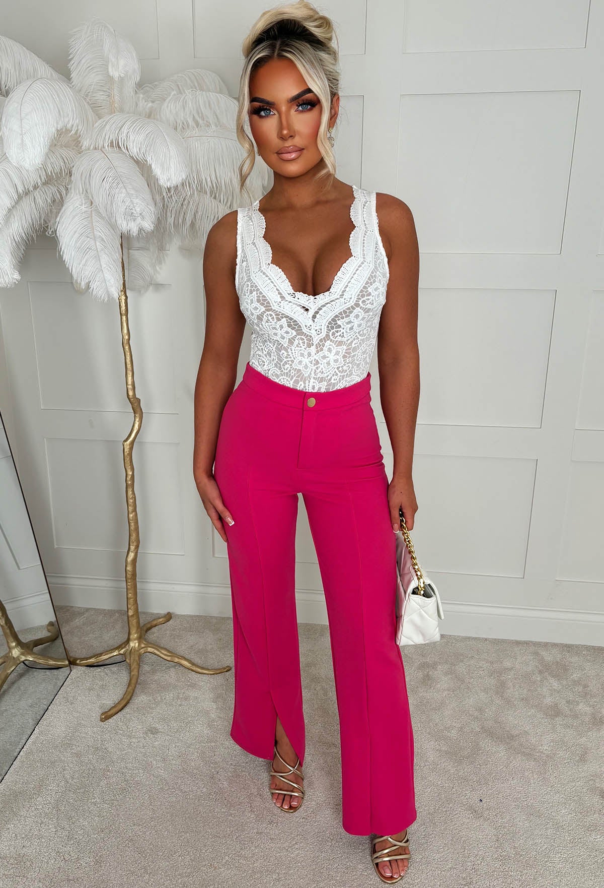 Chic & Sleek Hot Pink Leg Seam & Split Stretch Trousers - Image 3