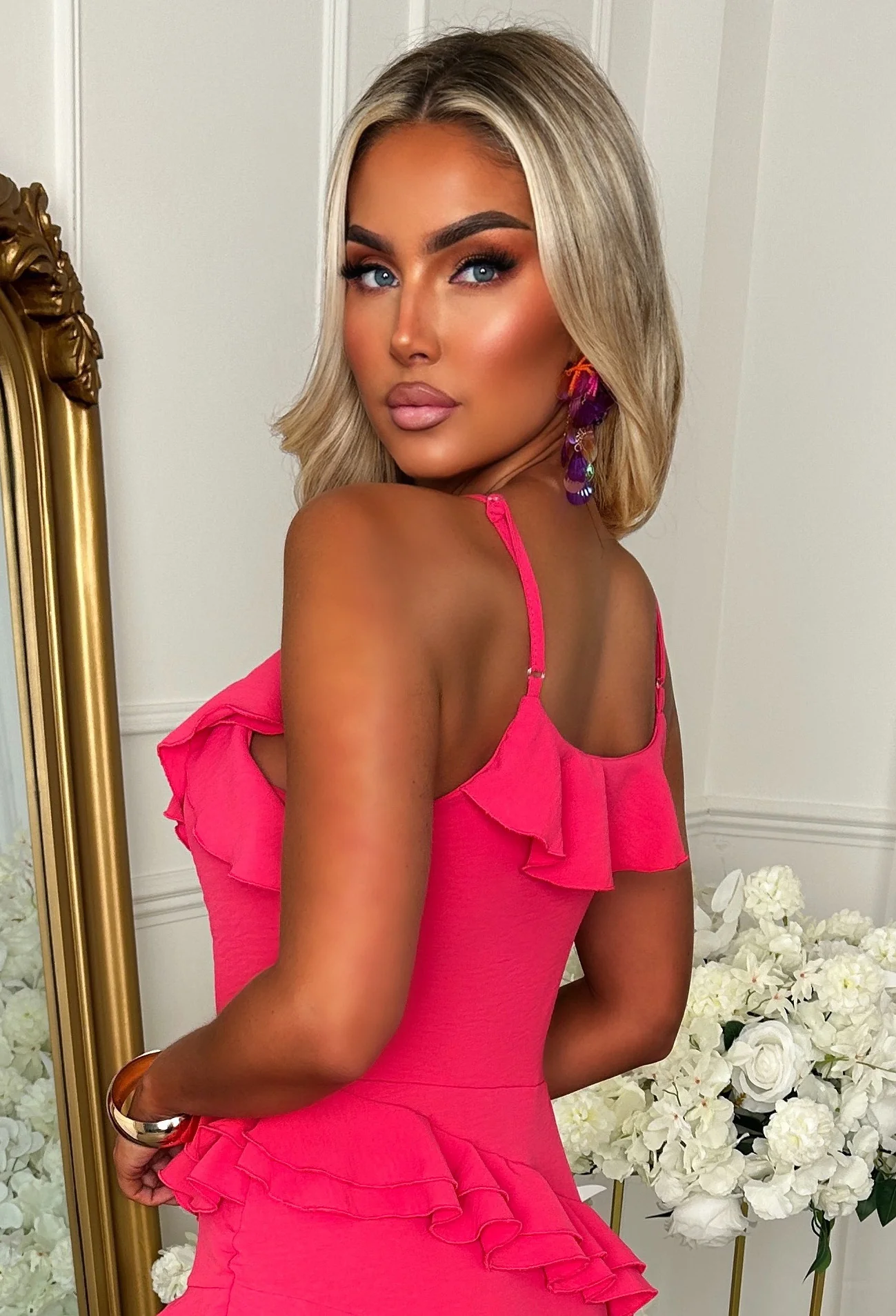 Chica Energy Fuchsia Asymetric Ruffle Hem Mini Maxi Dress - Image 4
