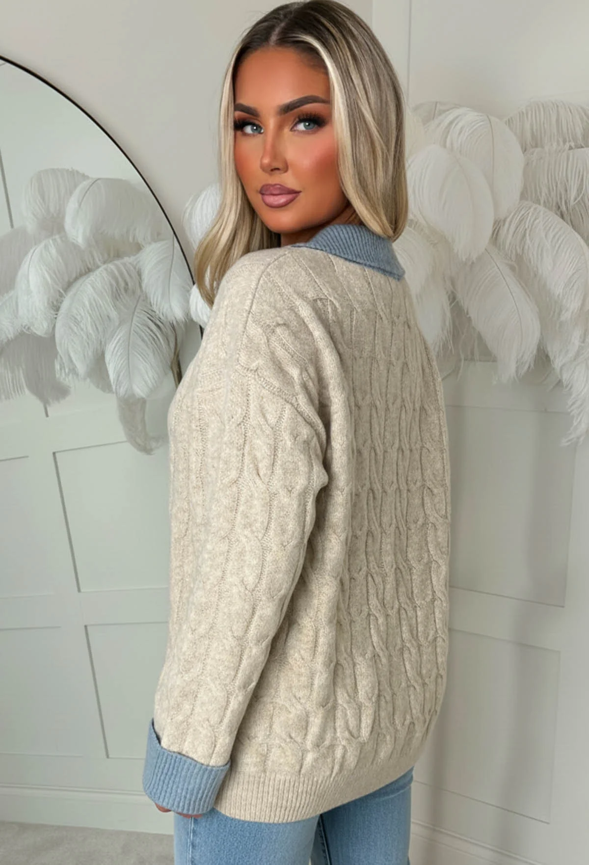 Chilled Days Natural Cable Contrast Collared Jumper - Image 3