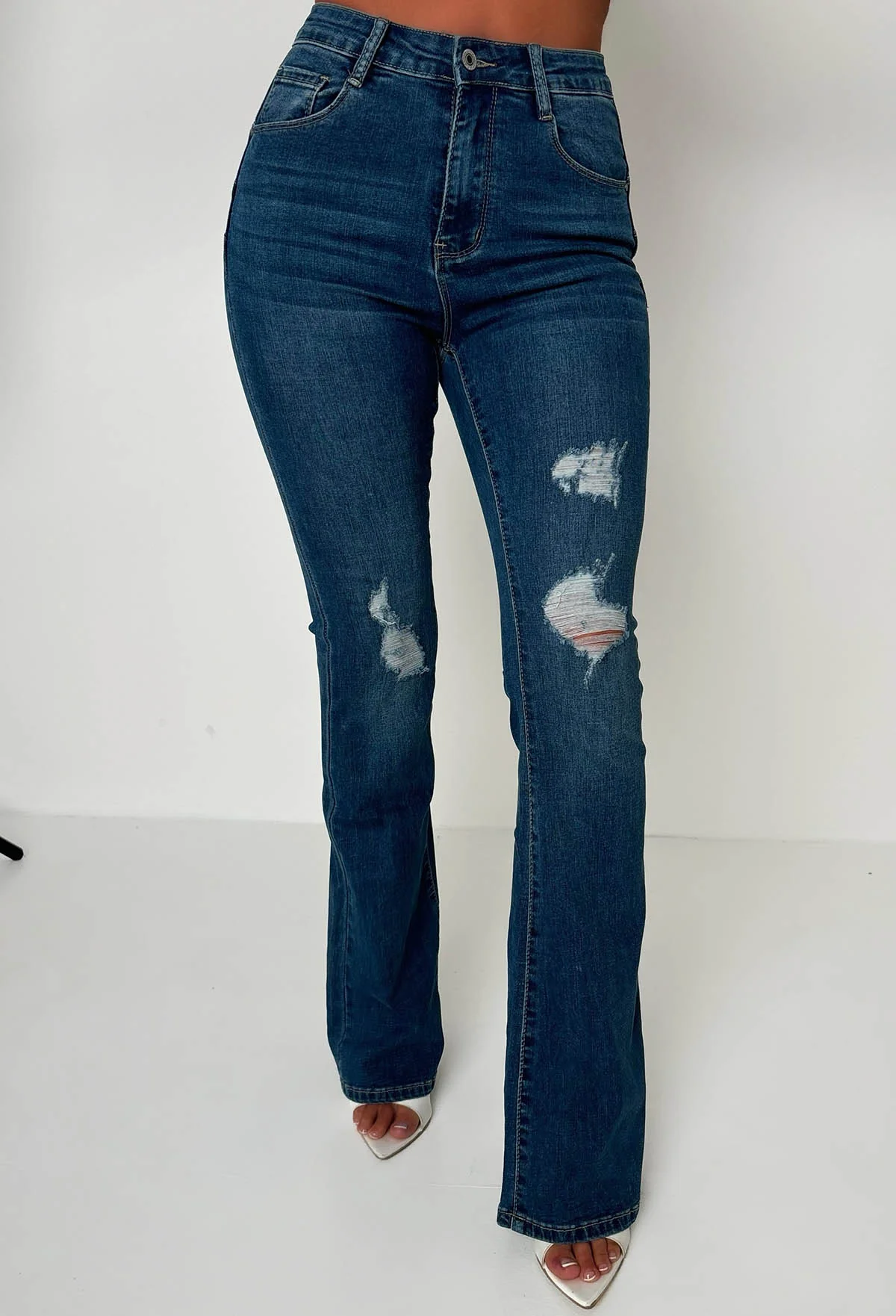 Christiane Ripped Mid Blue Stretch Push Up Flared Jeans - Image 5