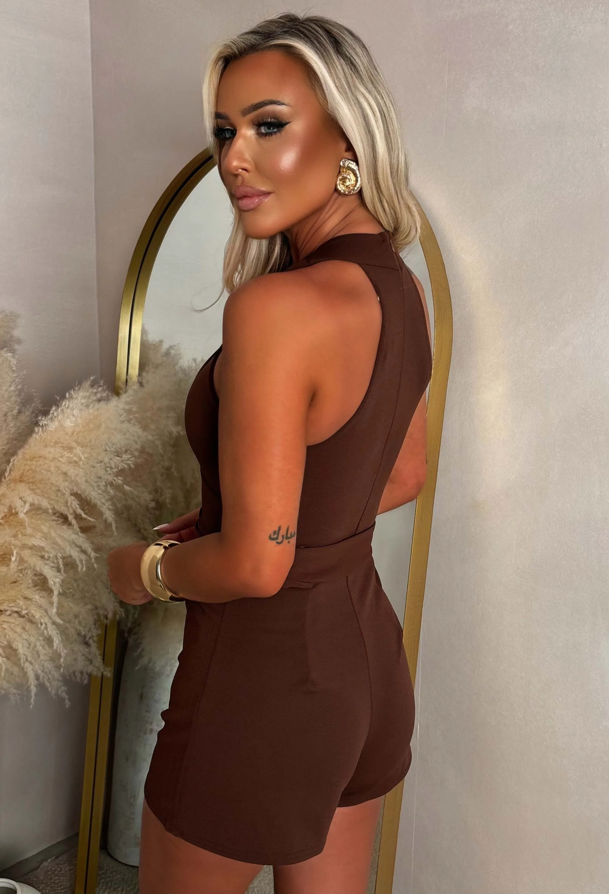 Cinnamon Chocolate Brown Wrap Neck Playsuit With Belt - Image 3