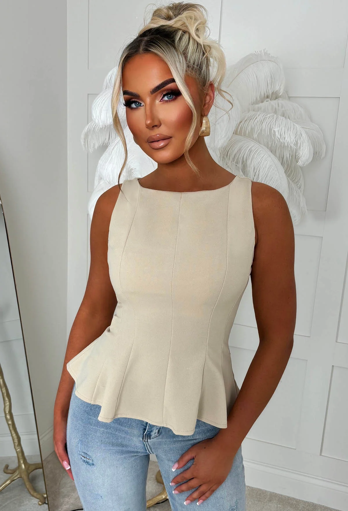 Classic Girl Beige Tailored Peplum Top