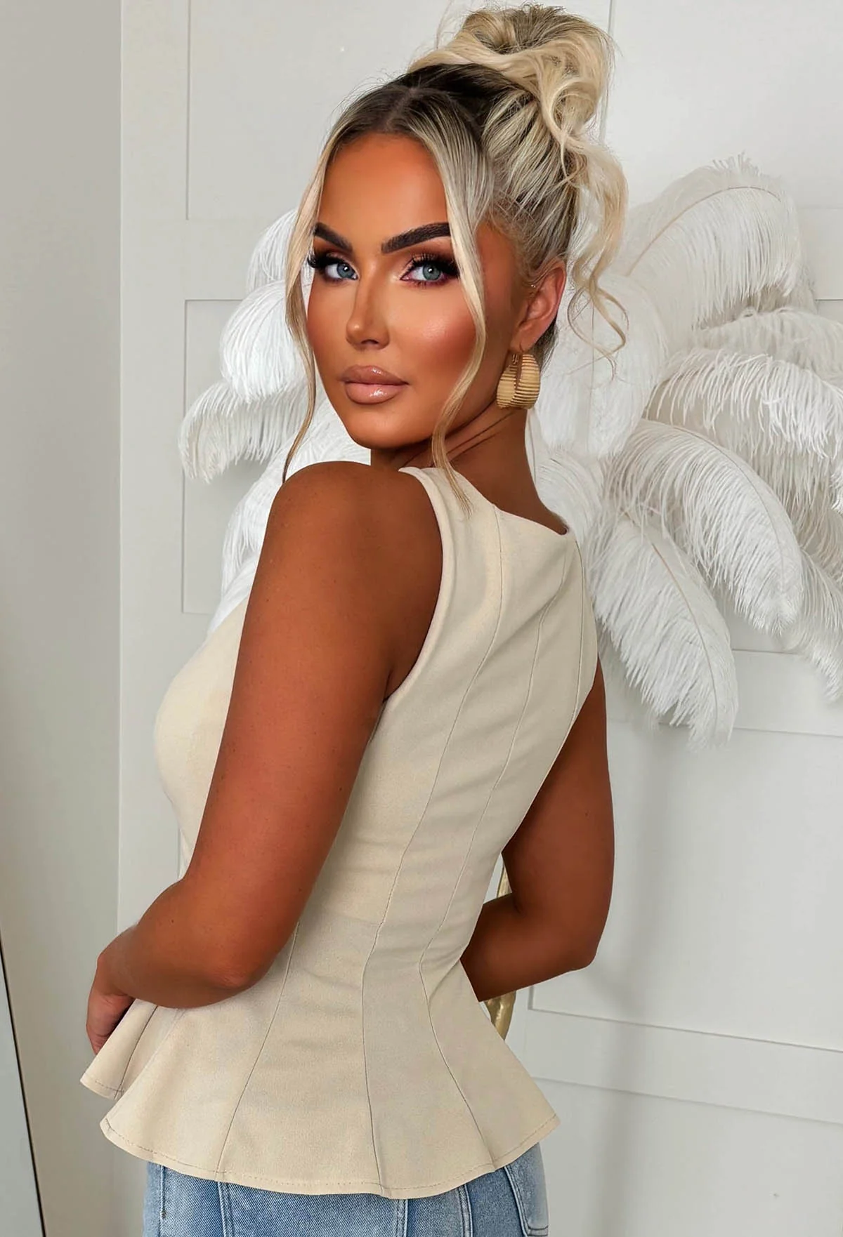 Classic Girl Beige Tailored Peplum Top - Image 2