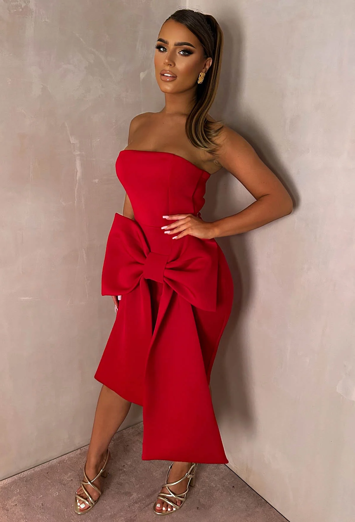 Classy Dream Red Bandeau Bow Skirt Midi Dress - Image 10