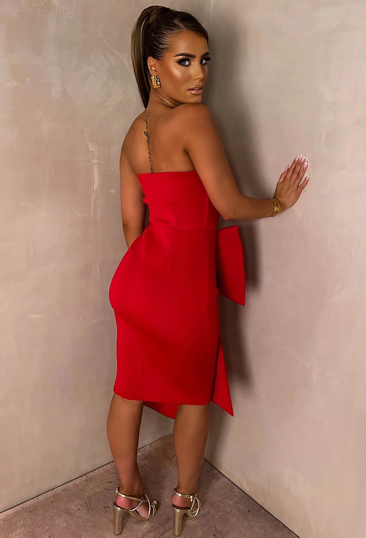 Classy Dream Red Bandeau Bow Skirt Midi Dress - Image 11