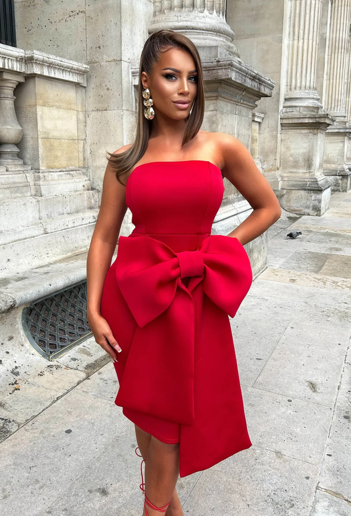 Classy Dream Red Bandeau Bow Skirt Midi Dress - Image 3