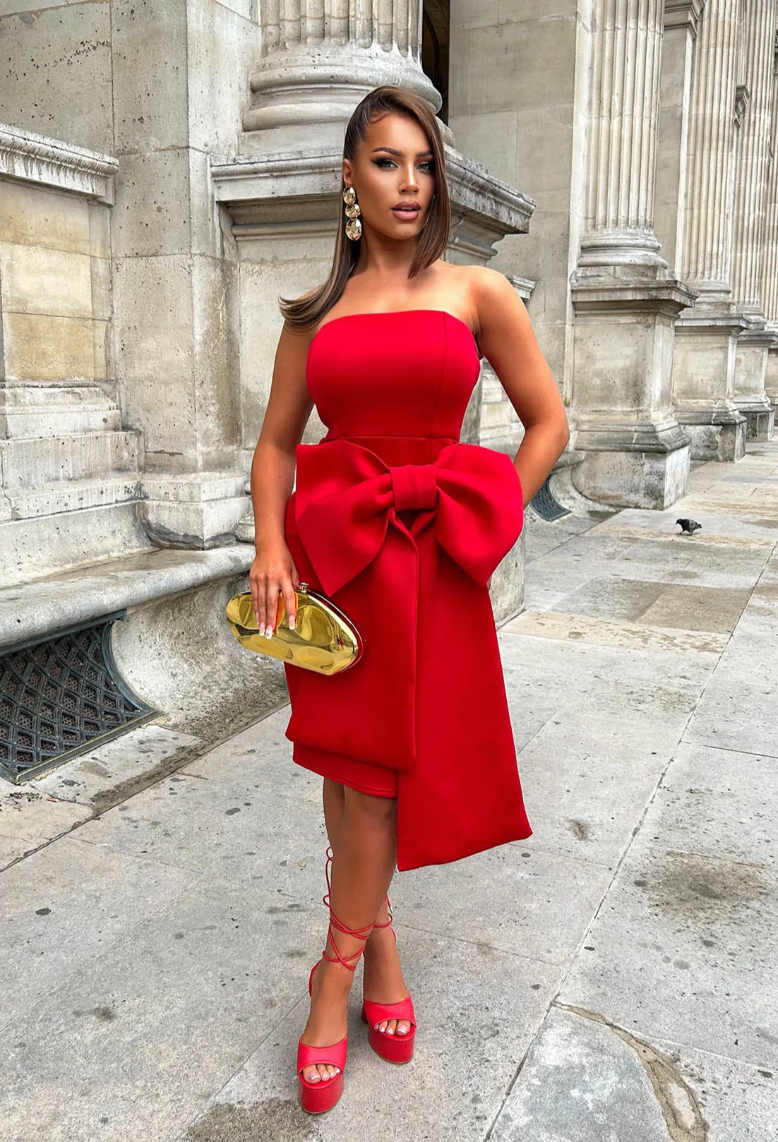 Classy Dream Red Bandeau Bow Skirt Midi Dress - Image 4