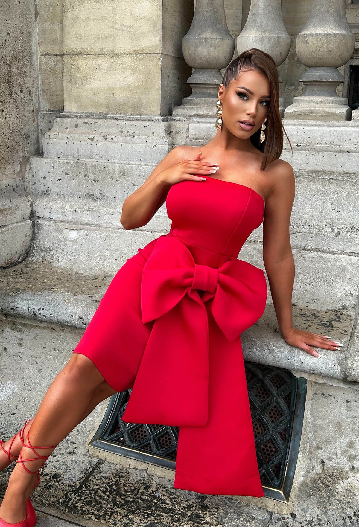 Classy Dream Red Bandeau Bow Skirt Midi Dress - Image 6