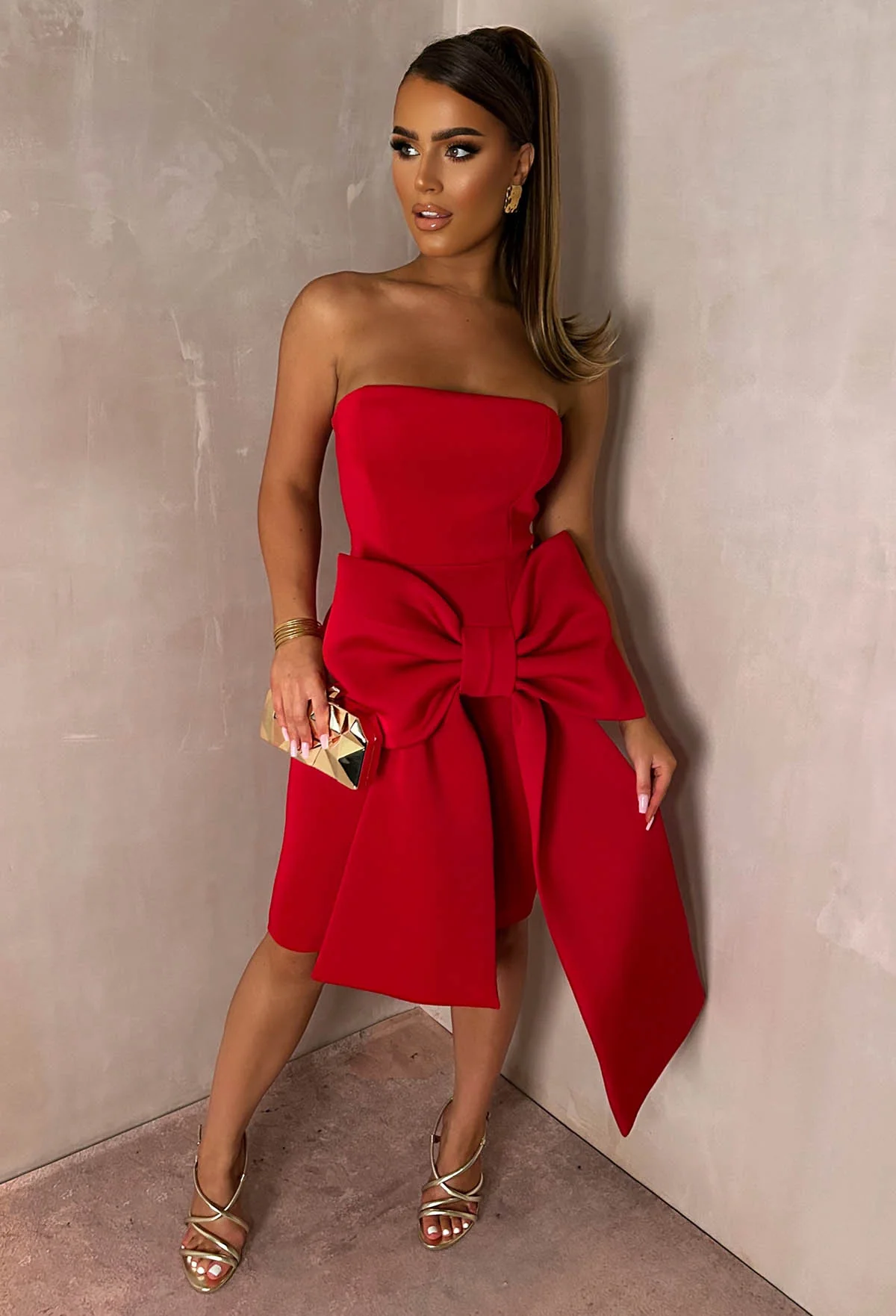 Classy Dream Red Bandeau Bow Skirt Midi Dress - Image 9