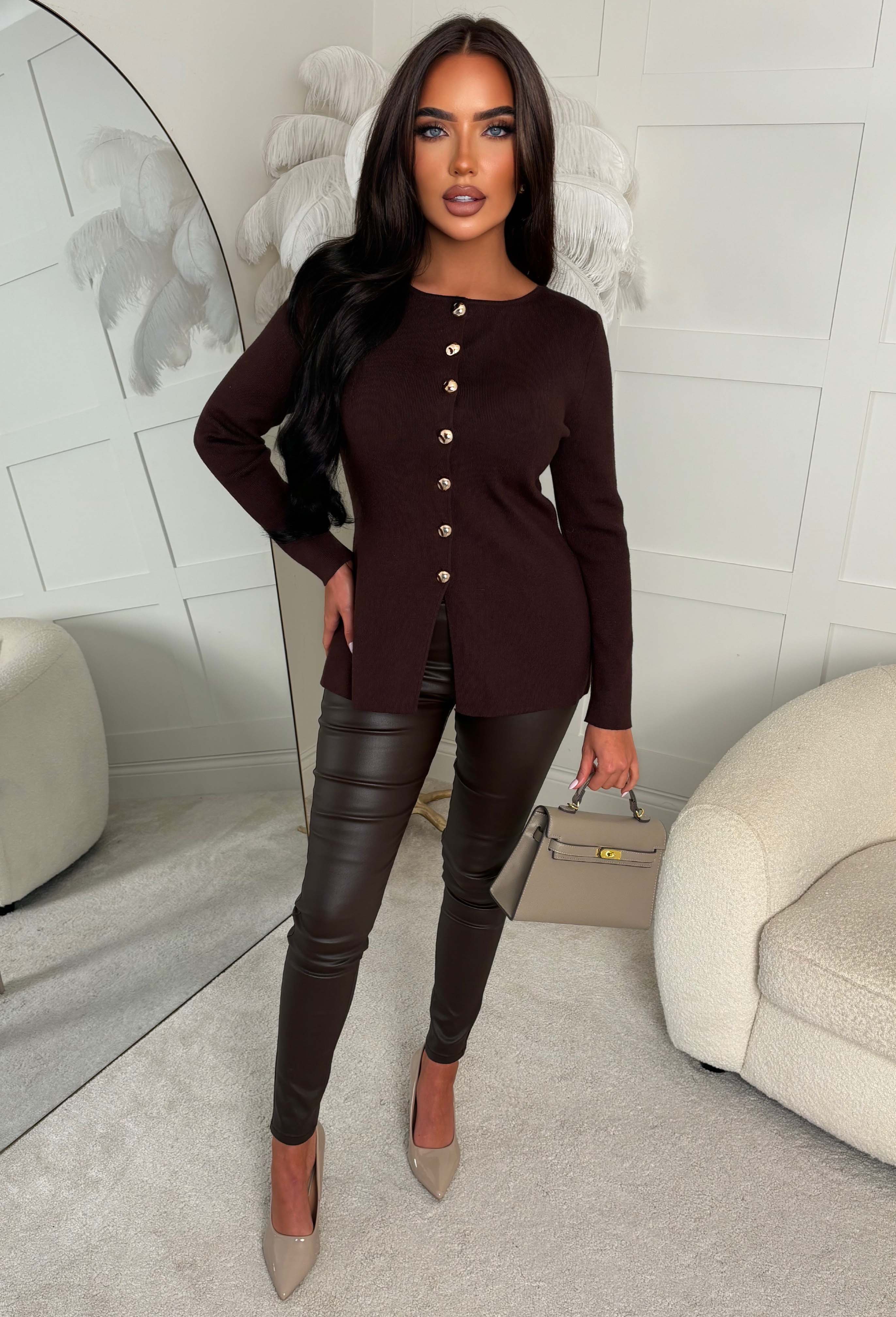 Classy Girl Brown Button Up Long Sleeve Knitted Top - Image 3