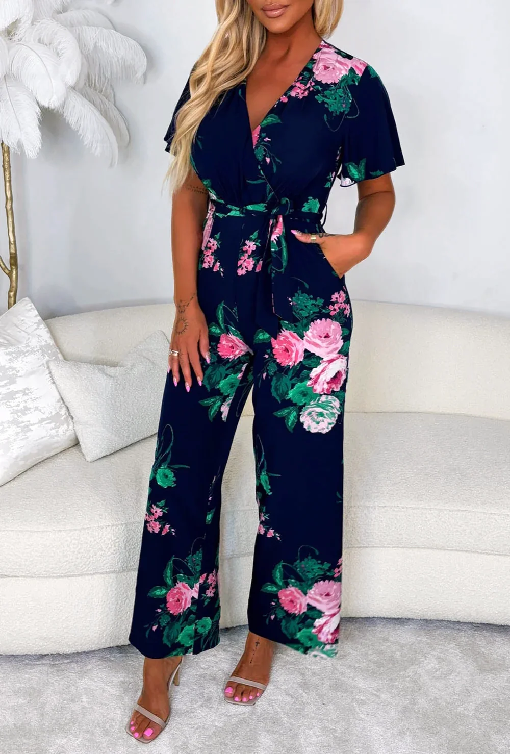 Climbing Rose Navy Tie Waist Cross Front Jumpsuit - Image 2