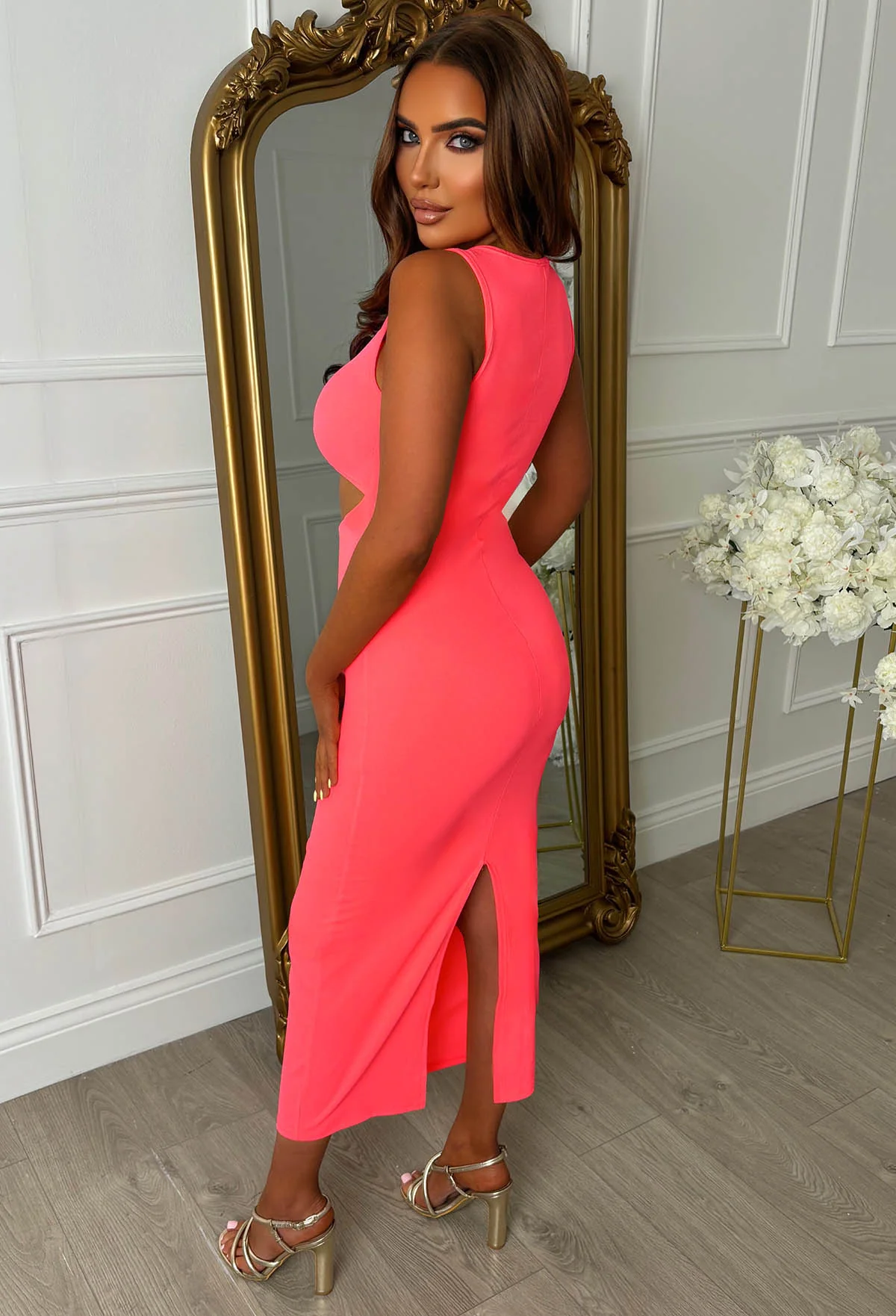 Clio Coral Buckle Detail Cutout Midi Dress - Image 2