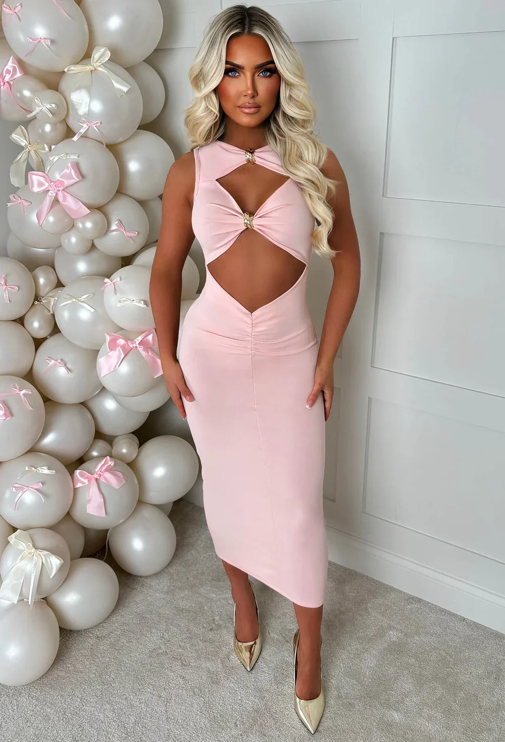 Clio Pink Buckle Detail Cutout Midi Dress - Image 3