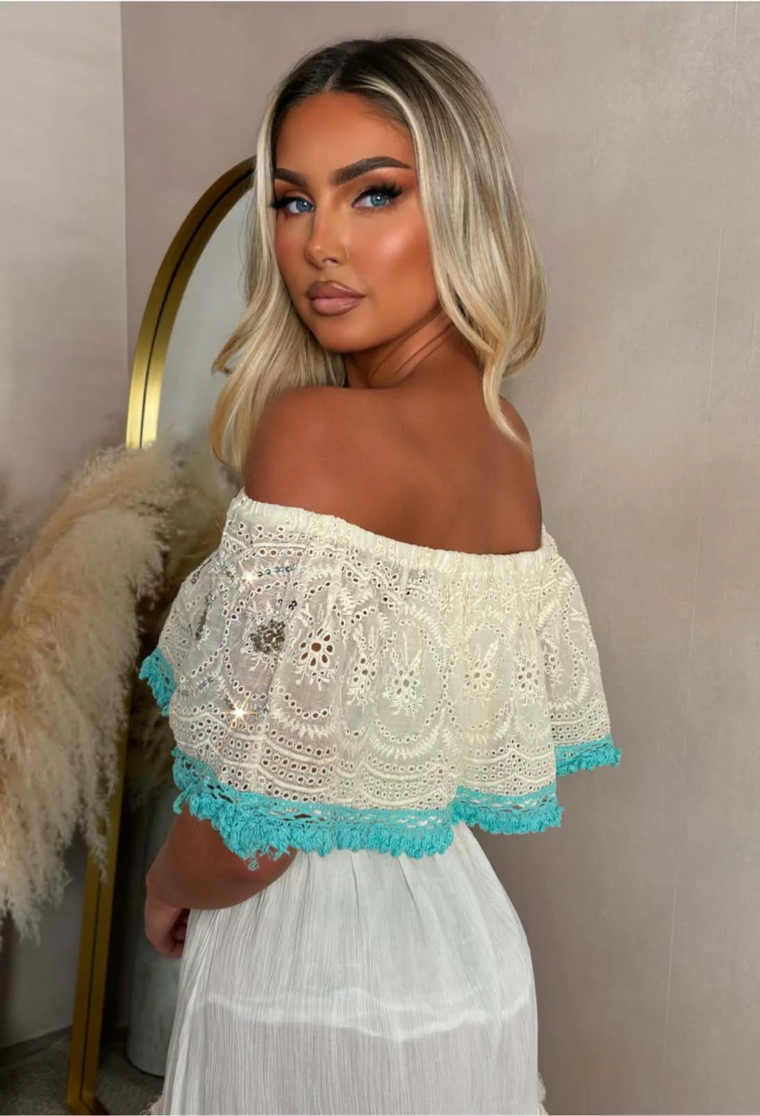 Clover Petal Stone Bardot Boho Chambray Dress - Image 4