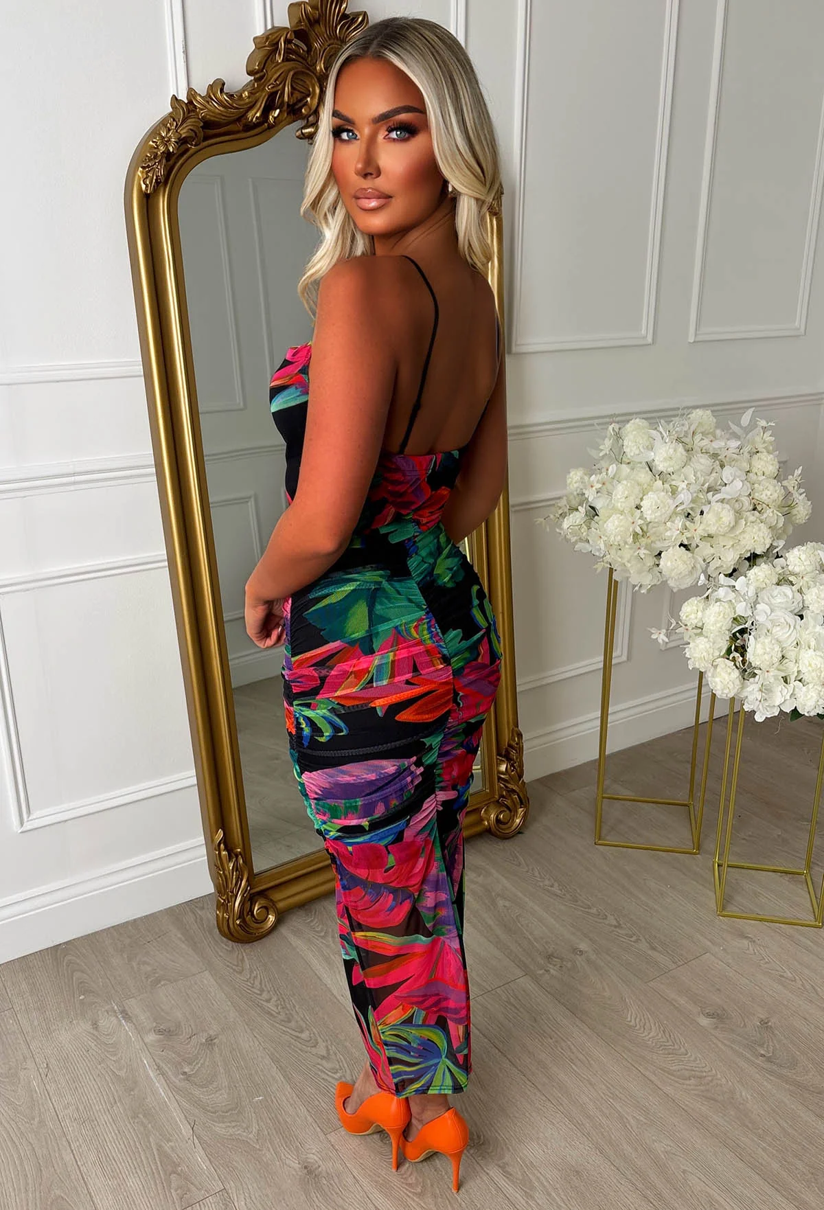 Club Tropicana Multi Tropical Leaf Cowl Neck Ruched Back Midi Dress - Image 2