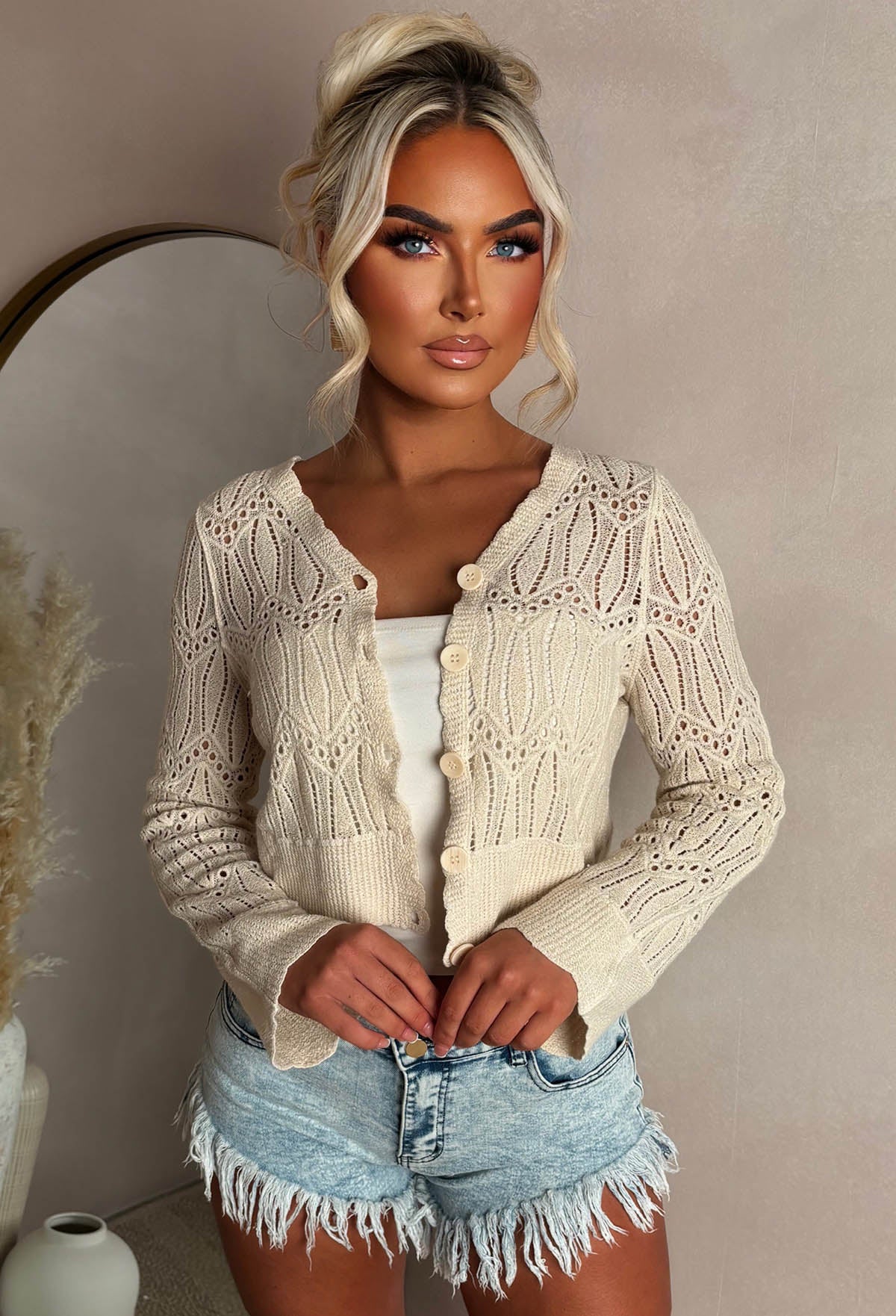 Coastal Chic Beige Crochet Knitted Cardigan - Image 3