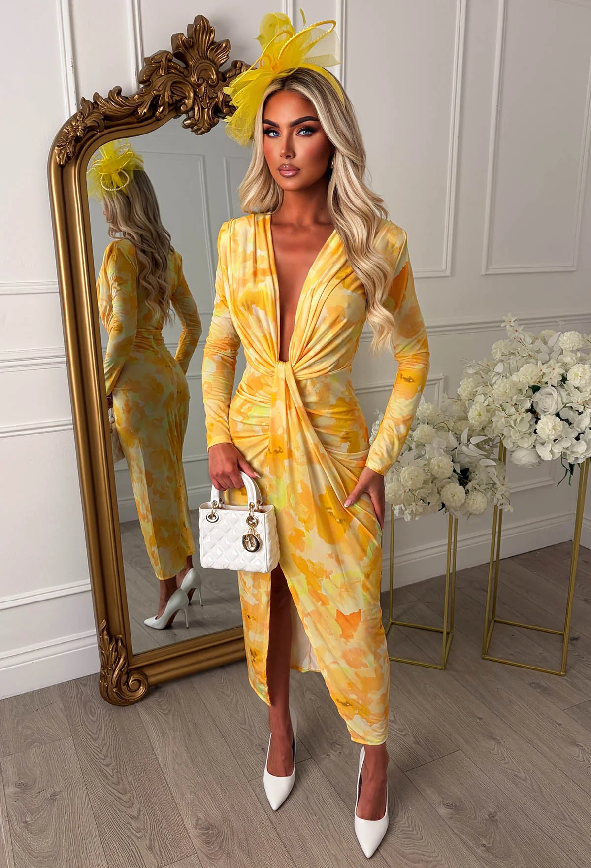 Cocktail Chic Lemon Stretch Long Sleeve Plunge Ruched Midi Dress - Image 2