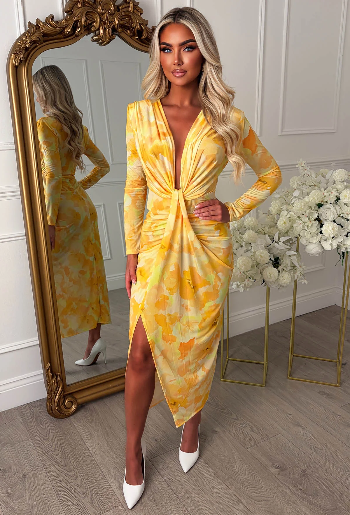 Cocktail Chic Lemon Stretch Long Sleeve Plunge Ruched Midi Dress - Image 3