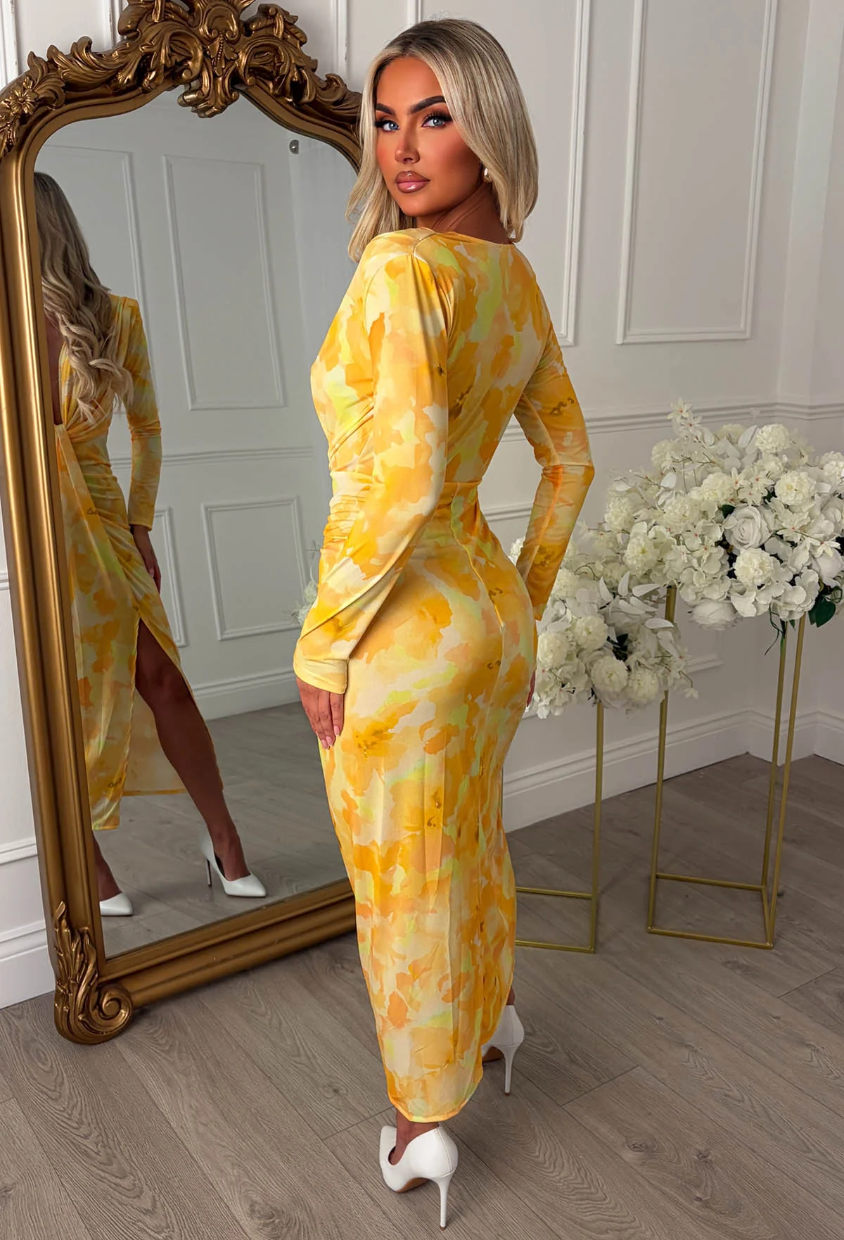 Cocktail Chic Lemon Stretch Long Sleeve Plunge Ruched Midi Dress - Image 4