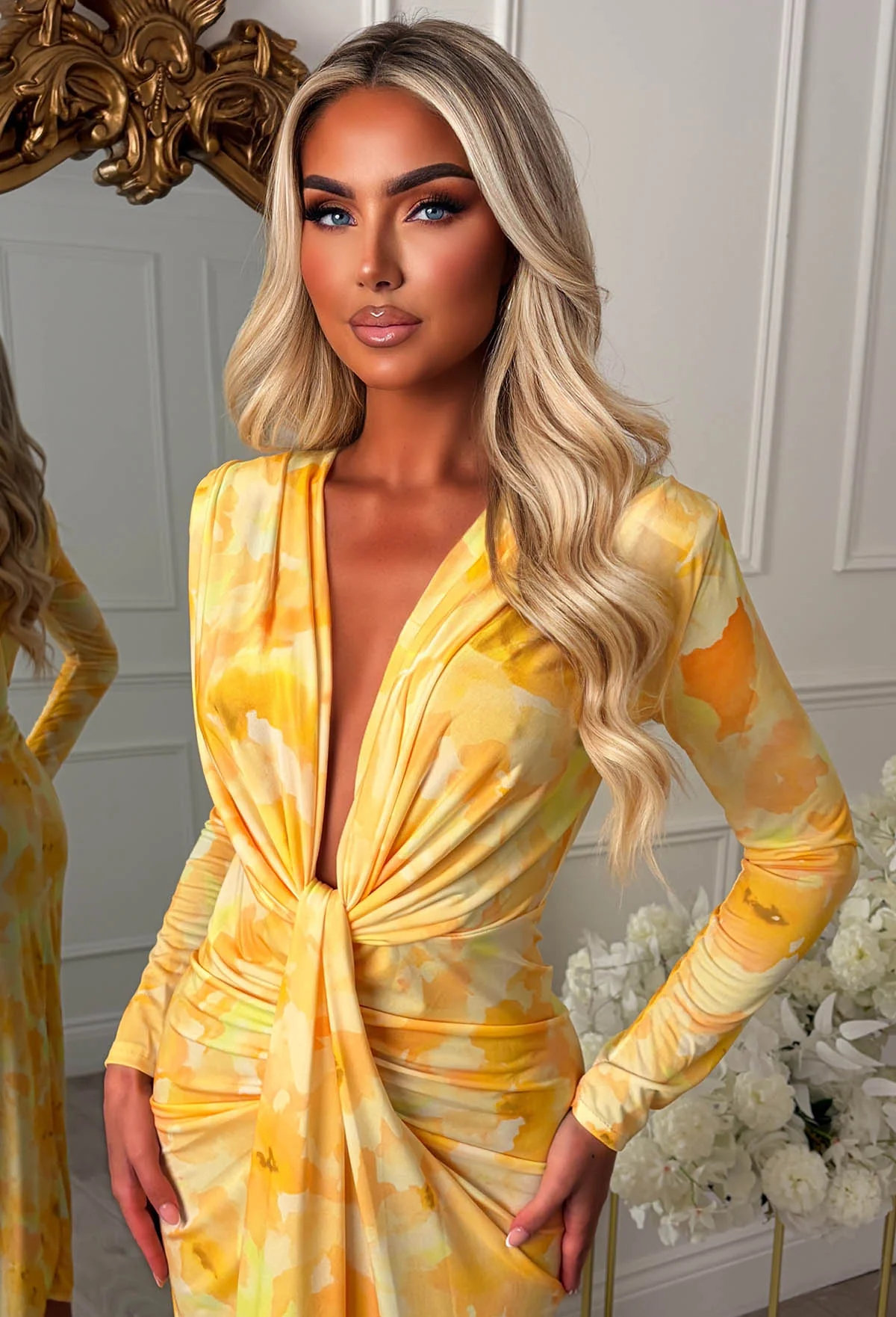 Cocktail Chic Lemon Stretch Long Sleeve Plunge Ruched Midi Dress - Image 5