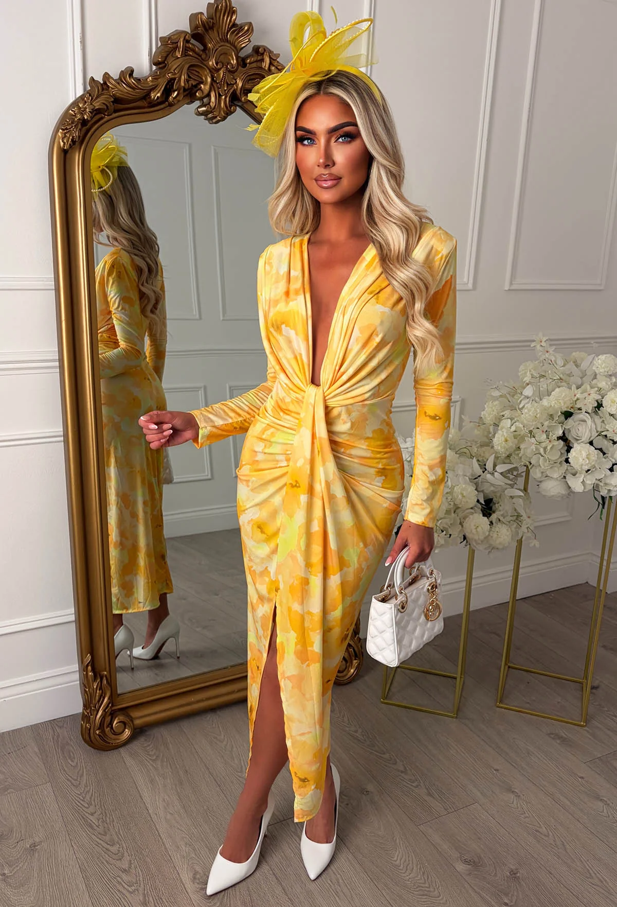 Cocktail Chic Lemon Stretch Long Sleeve Plunge Ruched Midi Dress - Image 6