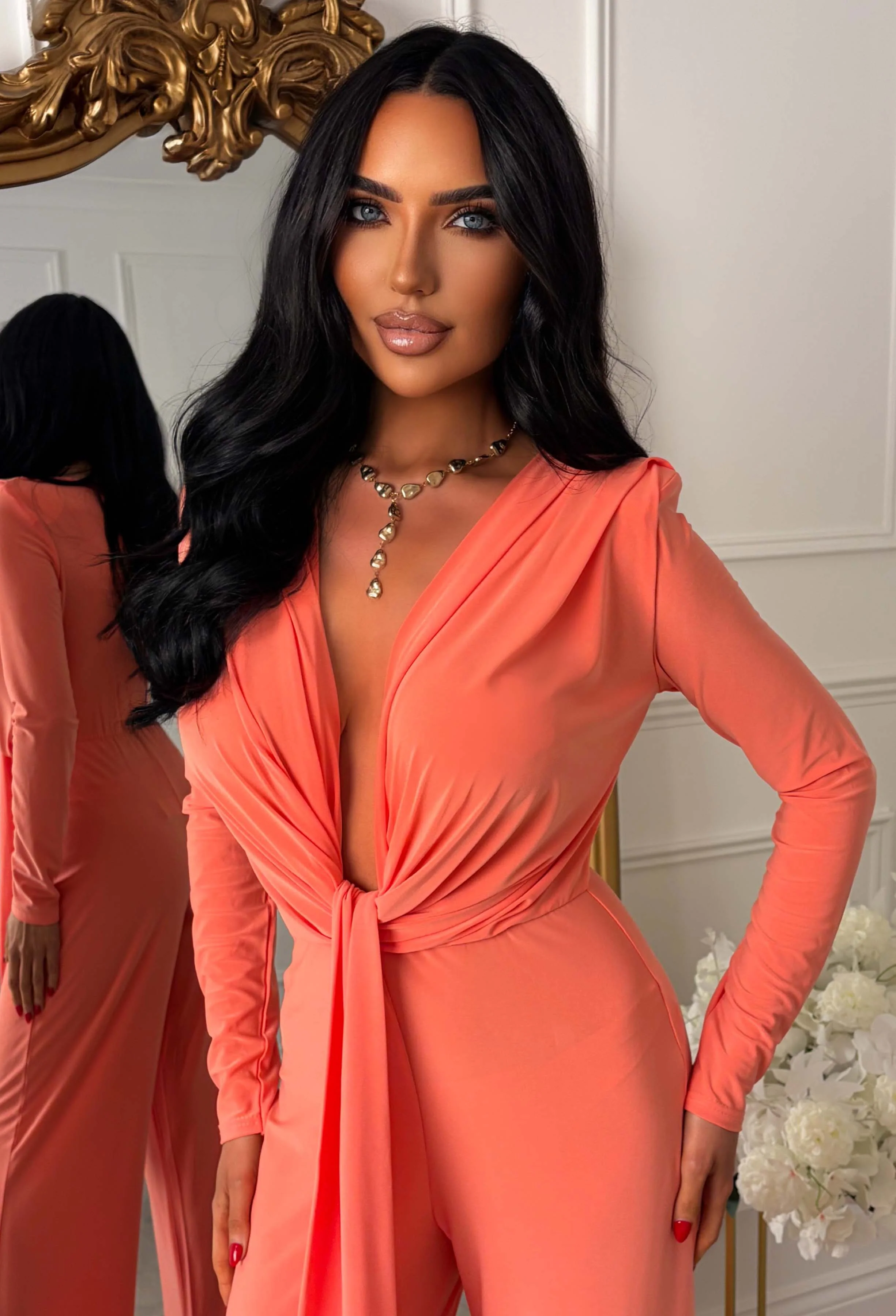 Cocktail Club Coral Stretch Sleeveless Plunge Jumpsuit - Image 4