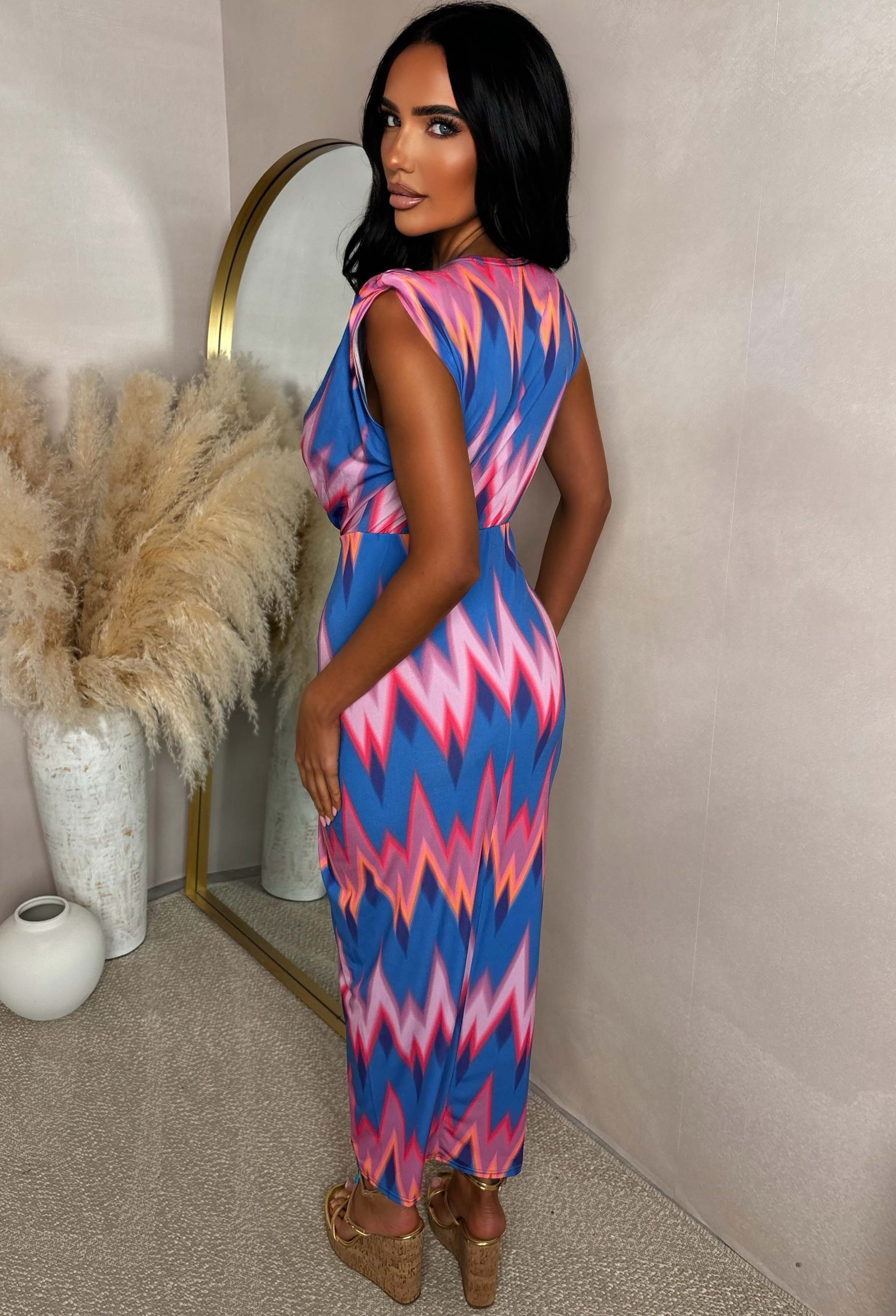 Cocktail Hour Multi Zig Zag Print Sleeveless Plunge Ruched Midi Dress - Image 2