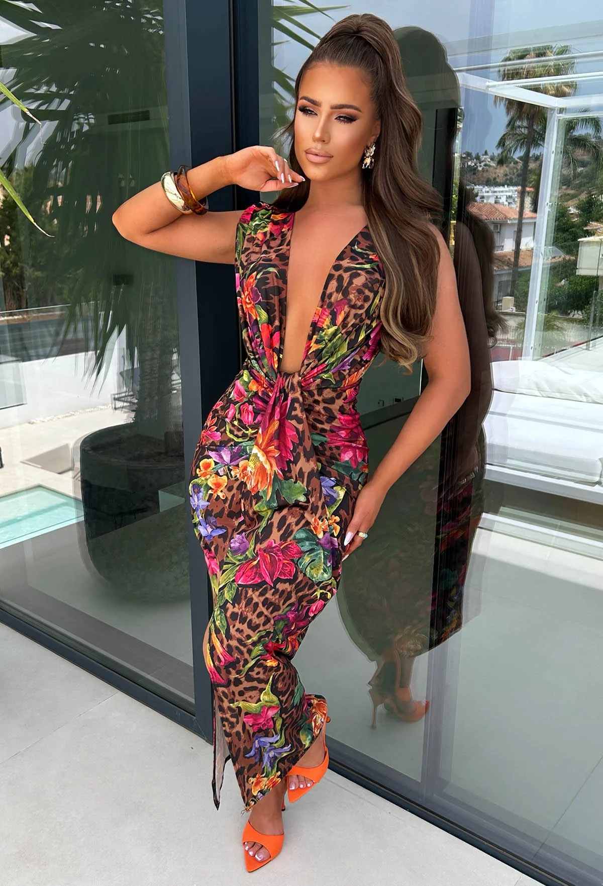 Cocktail Hour Multi Tropical Leopard Sleeveless Plunge Ruched Midi Dress - Image 3