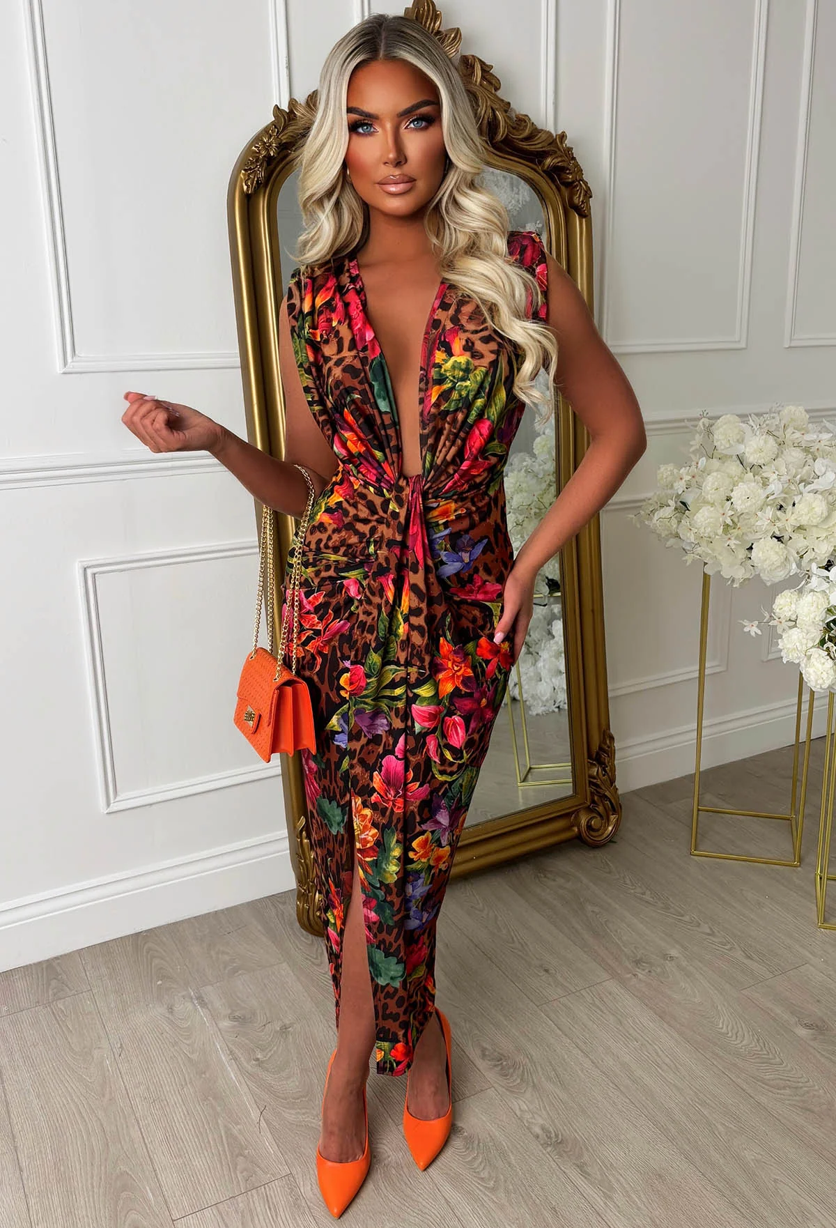 Cocktail Hour Multi Tropical Leopard Sleeveless Plunge Ruched Midi Dress - Image 5