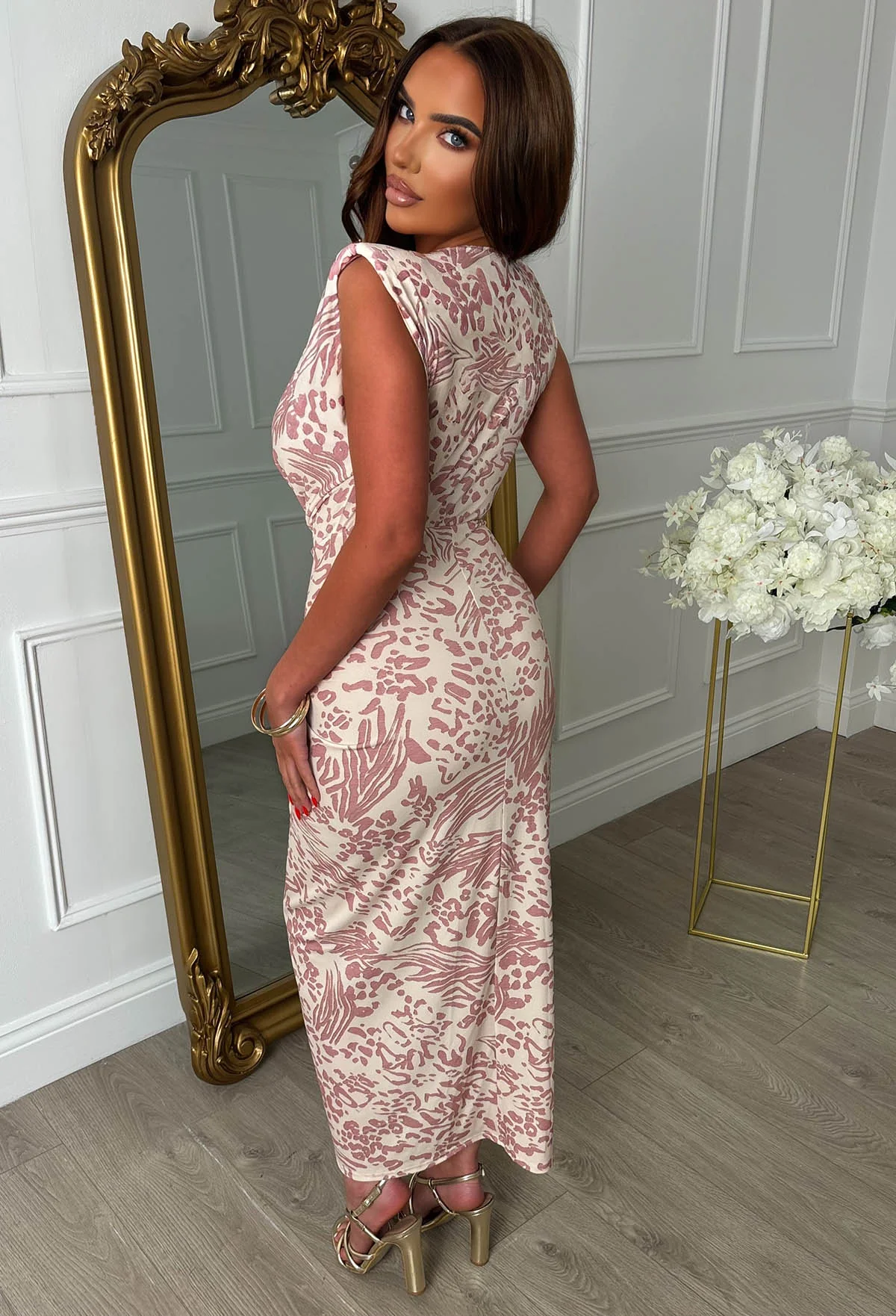 Cocktail Hour Pink Stretch Sleeveless Plunge Ruched Animal Print Midi Dress - Image 2