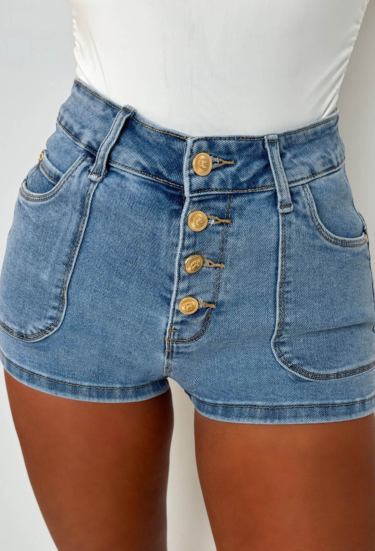 Coco Denim Mid Wash Stretch Denim Gold Button Shorts - Image 3