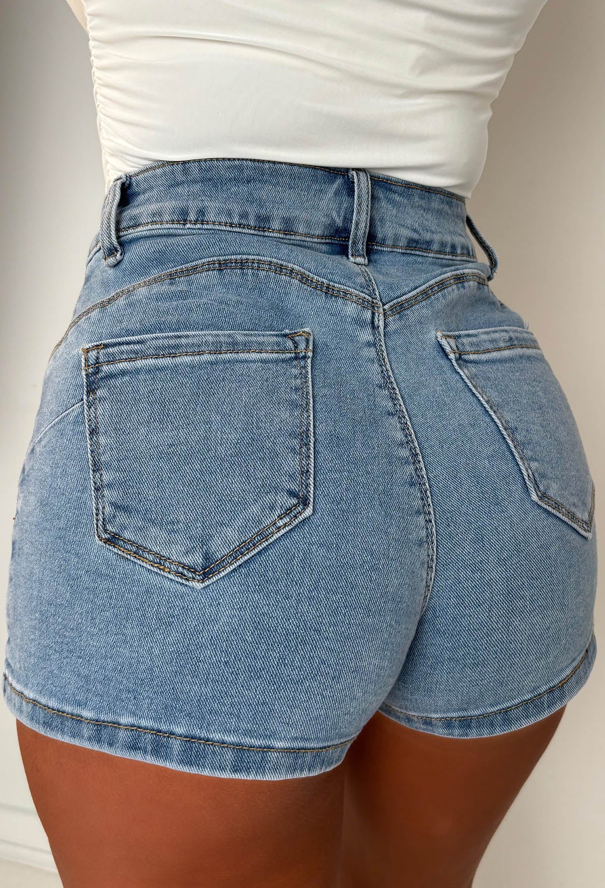 Coco Denim Mid Wash Stretch Denim Gold Button Shorts - Image 4
