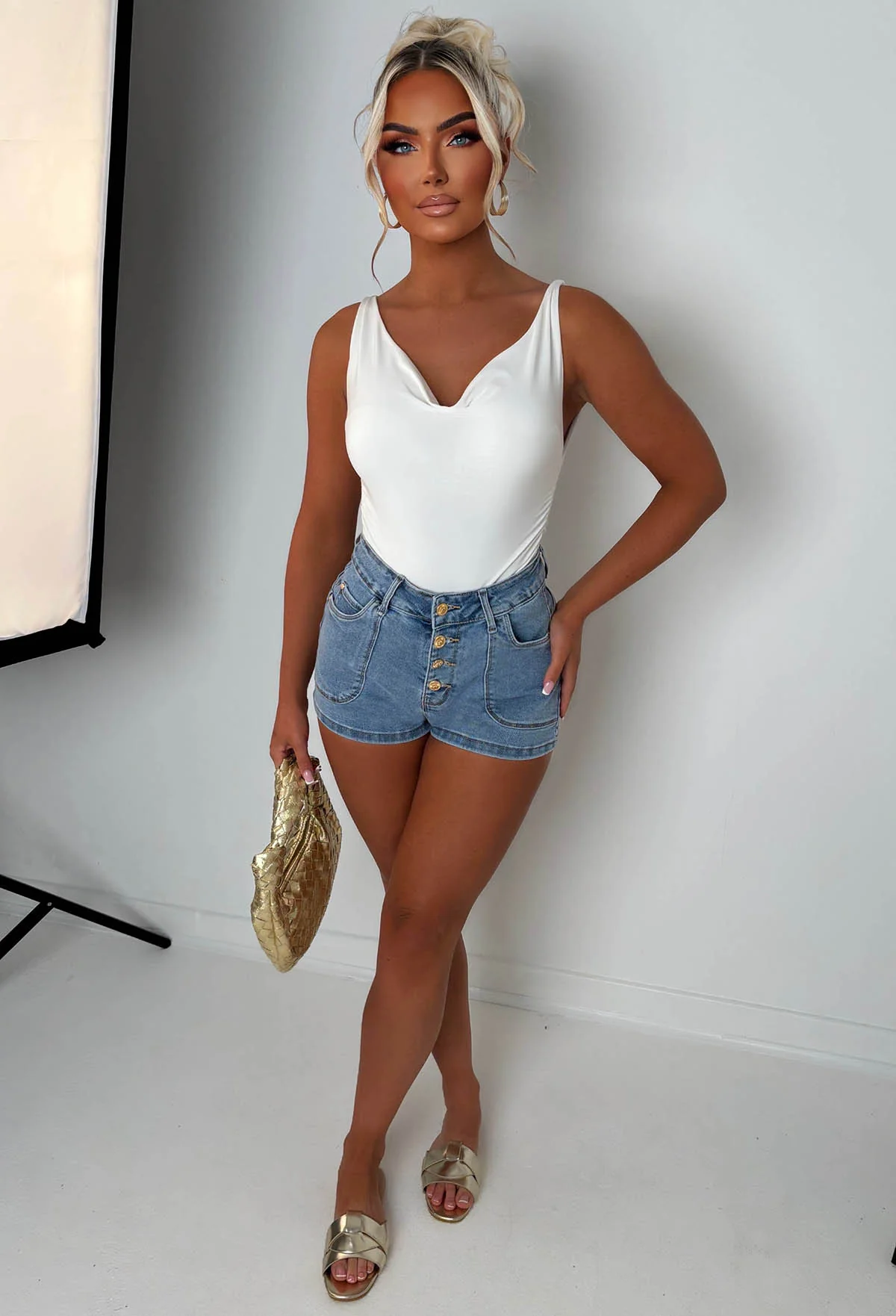 Coco Denim Mid Wash Stretch Denim Gold Button Shorts - Image 5